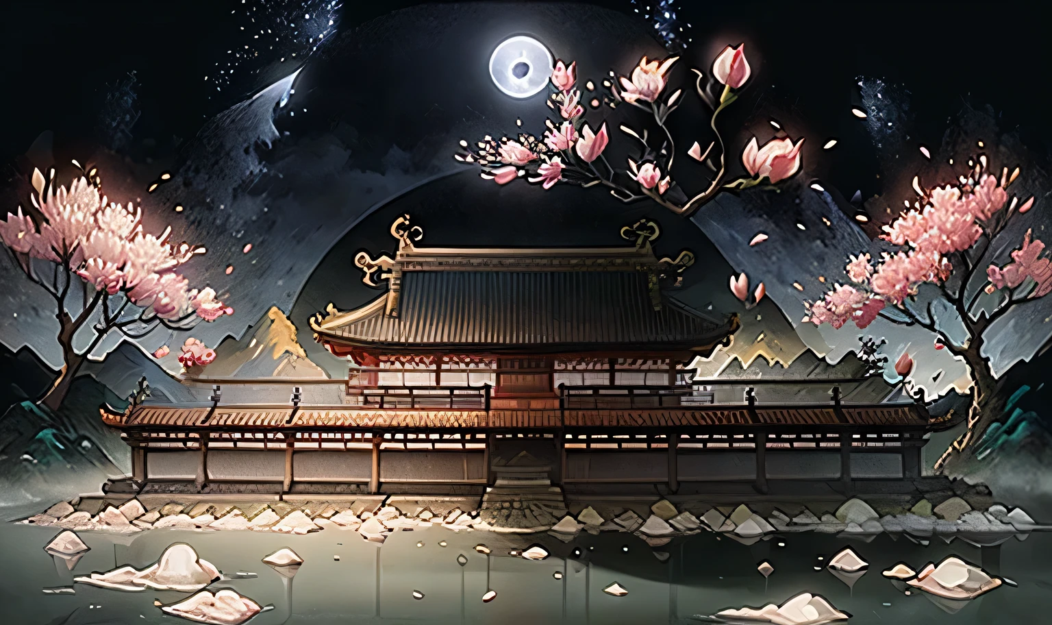 Japanese landscape, Mountain, river, Cherry blossoms, Xiangyun, A magnificent structure, moonlight, White background, masterpiece, Super Detail, Magnificent composition, Ultra high quality, high quality, Very detailed, Official Art, Unity 8k wallpaper, Super Detail, 32k -- v 6