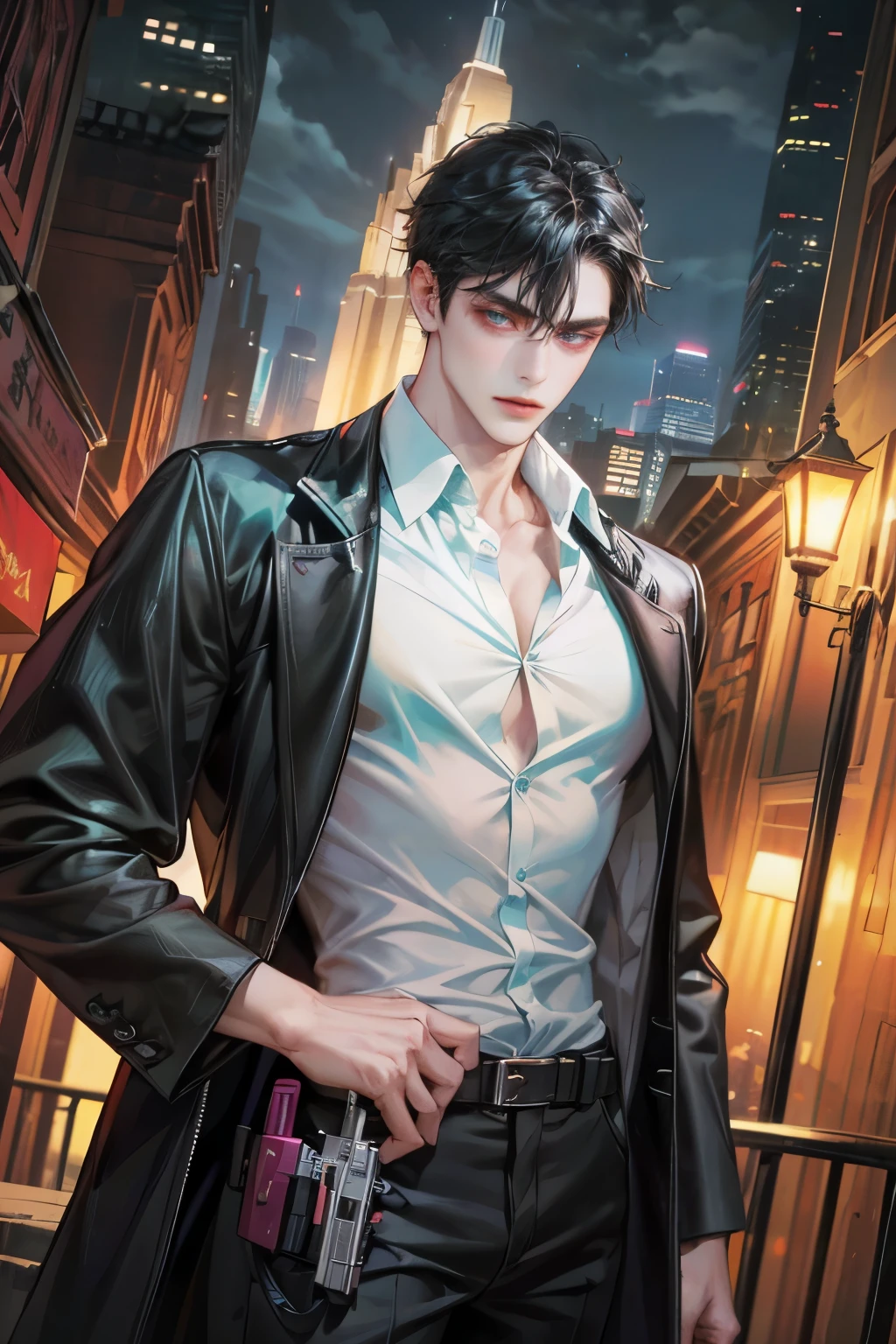 (absurdres, highres, ultra detailed, original character, HDR), 1 british boy, solo, adult, handsome, ((tall muscular guy, broad shoulders)), finely detailed eyes, (black hair), hair between eyes, turquoise eyes, holographic, futuristic, casual outfit, black coat, gun holster, (body tight white shirt), big pecs, ((wearing a black earring)), cowboy shot, dutch angle, face focused, tower walled city scenery, dystopian hong kong city, skyscrapers, Cyan, Magenta, long face, closed mouth, looking at viewer, depth of field, bokeh