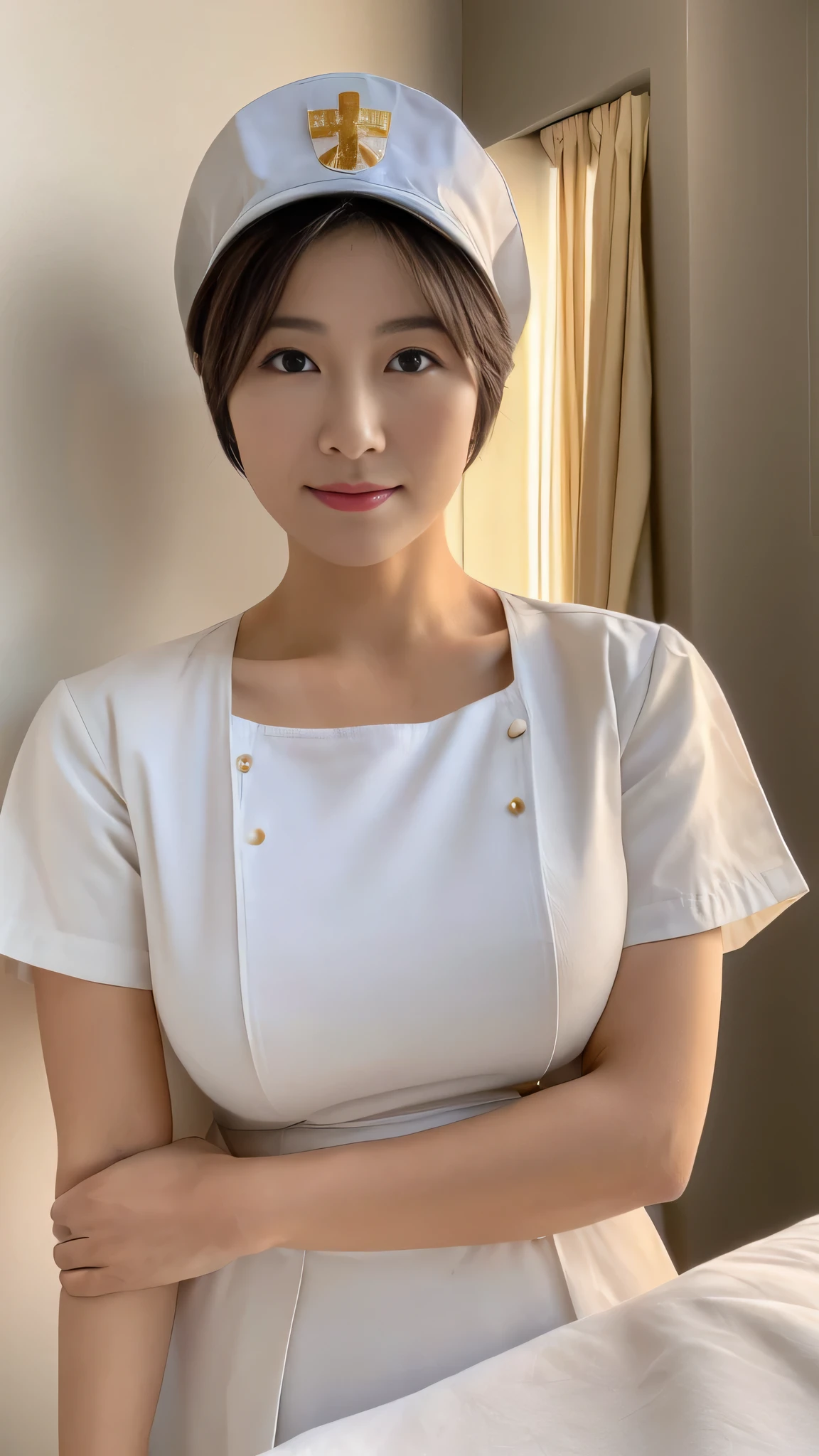 (8k, best quality, masterpiece, golden ratio composition,:1.3), (beautiful Japanese mature woman in her 30s), (wearing white Nurse's uniform, Nurse cap:1.3), (huge breasts), short cut hair