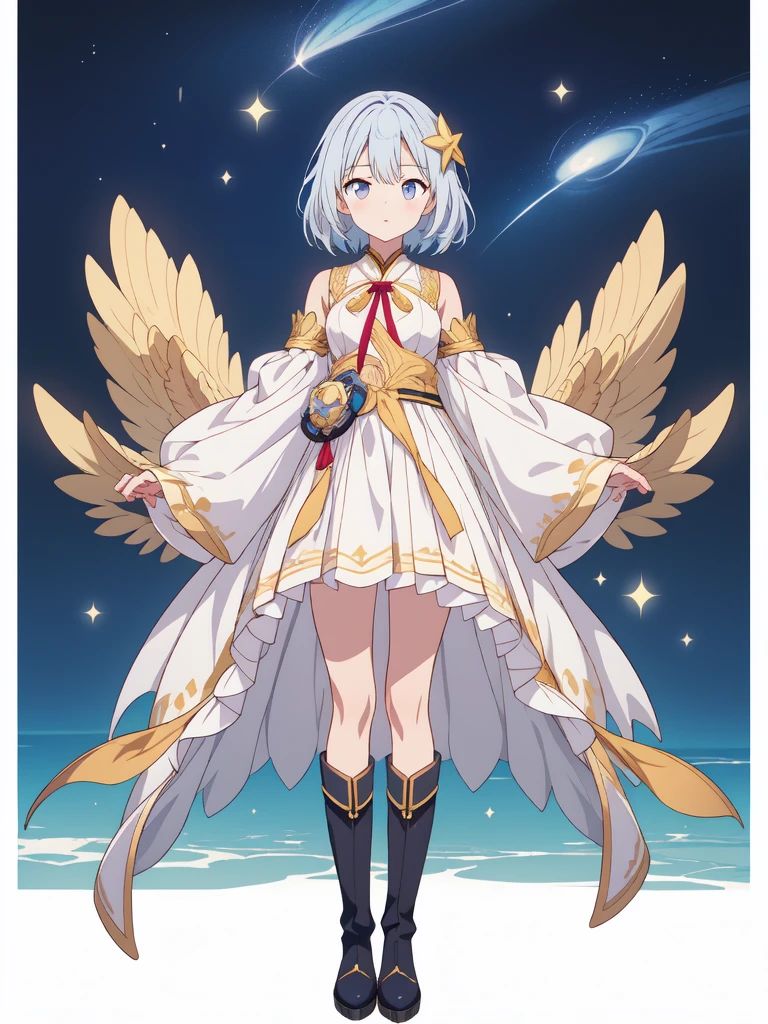 (((1girl)))、starの妖精、vtuber-fullbody、(((highest quality、Masterpiece、The best composition、Golden Ratio、Official Art、Super detailed、Super detailedな目)))、ultra detailed, from front, headshot、 blue and white hair color、Short bangs above eyebrows、Short Hair、Standing in front of the viewer、着物とゴスロリをリメイクしたMilky Way柄の洋服で濃紺と水色を基調にした色、The sleeves are long and the hands are hidden、Knee-high boots、Pure white simple background、star、Milky Way、universe、流star群、