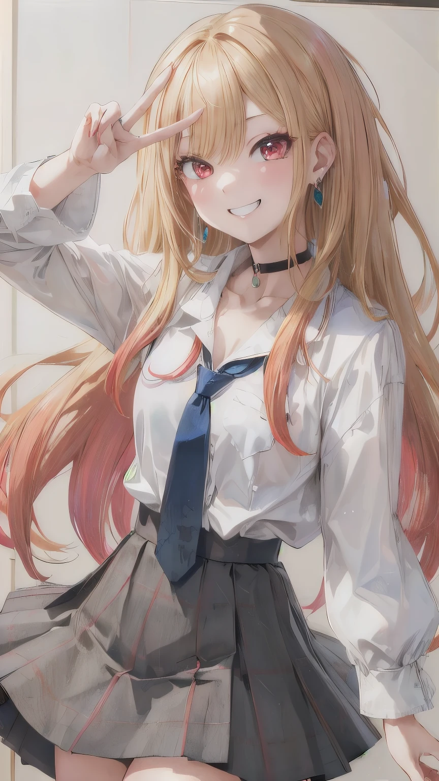 masterpiece, highest quality, High resolution, kitagawa marin, One girl, Blonde Hair, Long Hair, Multicolored Hair, Red eyes, jewelry, Earrings, Earrings, , White shirt, tie shirt, Black choker, Blue tie, Checked skirt, Leaning forward, Wink at me, Grin, peace sign