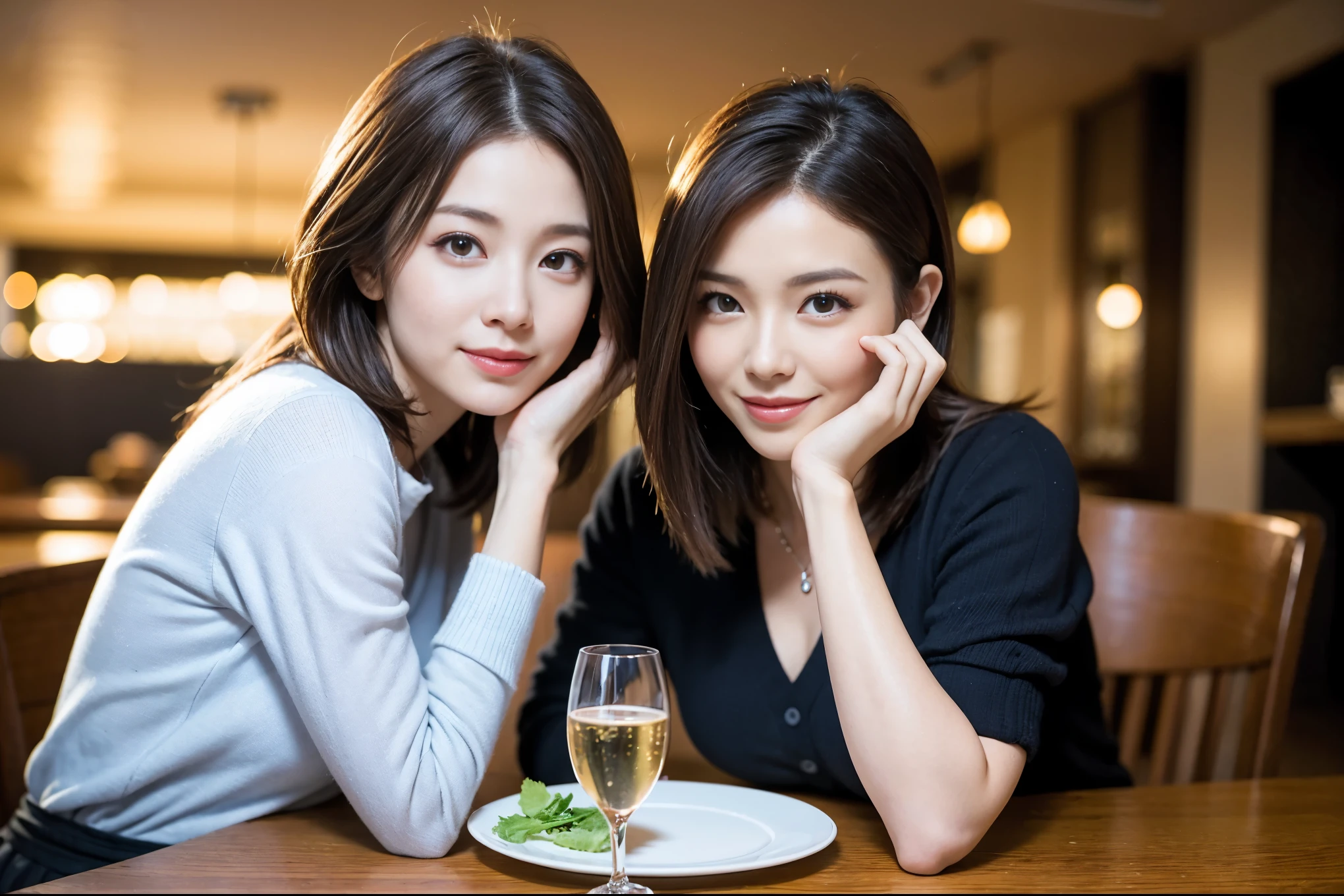 ((highest quality、8k、masterpiece:1.3))、1 male、1 woman who resembles Satomi Ishihara、Couple、Spouse、Couple、The body is slim、((Bob Hale、Straight hair:1.2)), (Realistic, Intricate details:1.2), Wine glass on the table、Shine light on your face、 Amazing view of the sunset sky and clouds、Amazing mountain views、A bright smile、The wonderfulness of smile、Bright image、The beauty of wine, Beautiful Face, blue eyes, The light shines on your face, Blushing, short hair,Bright Face、 (42 years old), 39 years old, red wine 、Appetizers、Italian food、Wine bottle、Champagne、sparkling wine、Two beauties、Brown Hair、Shortcuts、Long sleeve shirt、dress、Pretty Woman 1, (Slim face), (The body is slim), (Brown Hair), (Shortcuts), cheeks turn a little red,Attractive beauty、restaurant, In a prominent place (From the waist up) Nova Frog Style, actress, model, Upper Body, White wine, slim, wine glass, A wine glass placed in the center, smile, (smile: 1.15), Beautiful fine grain, Depth f/2,saturation, High Contrast, Strong light and shadow,Moist Body:1.5、3D texture、Delicate eyes、Brown Hair、The hair is very shiny、