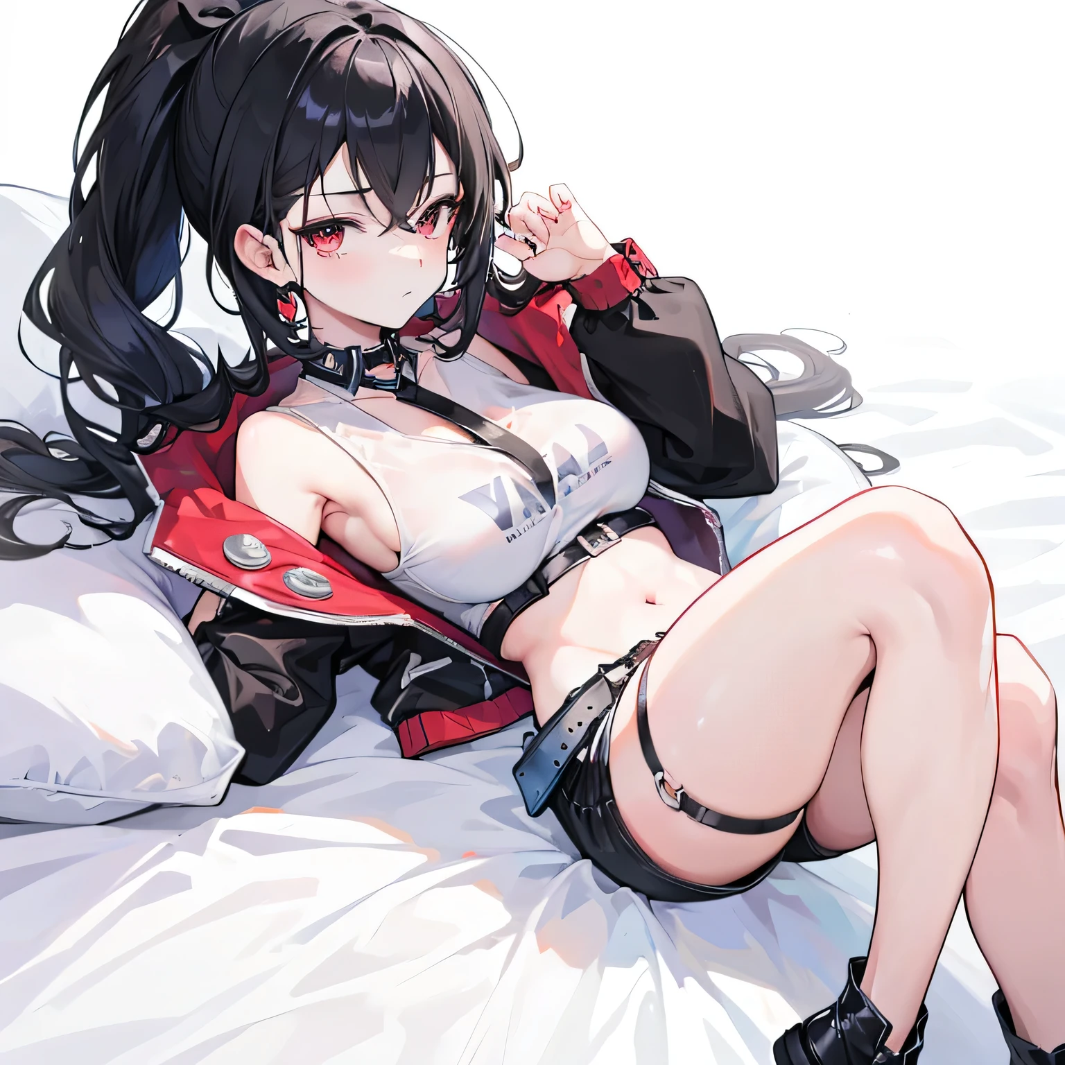 ((masterpiece,best quality))、only one woman, a  young woman, black hair, red eyes, medium breasts, lazy, tired, sleepy, in bed, beautiful atmosphere, she wears a short, black coat along with a crop-top which covers the upper part of her body, exposing her navel. She also wears black unbuttoned shorts with a decorative piece of black and red fabric that hangs off the back, along with a white belt, On her head she wears a black bow which she uses to tie her hair into a loose ponytail. She also wears a pair of black, white, and red boots, short fishnets up the calf on the left, delicate hands,anime,illustration,Two dimensions,beautiful girl