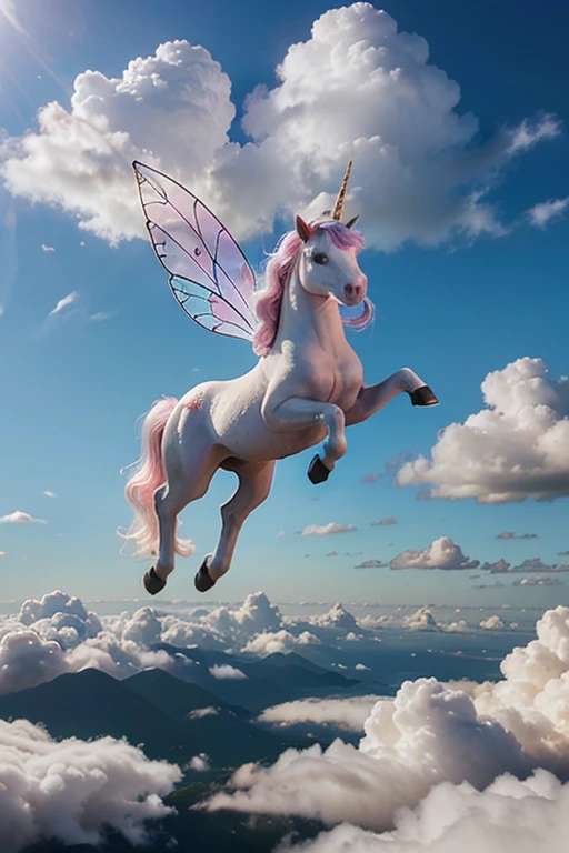 a fairy unicorn flying in marshmallow clouds.