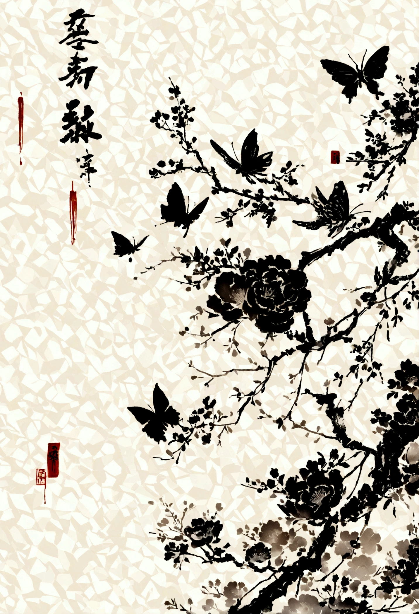 There is a painting，Butterflies stop on flowers, The image is located in the lower right corner，Lots of white space，tumblr, Minimalism, Black and White, Chinese style, Chinese painting style, beautiful iphone wallpapers, Chinese painting, Wallpaper Art, Traditional Chinese painting, Nakamoto Universe, Chinese Ink Painting,