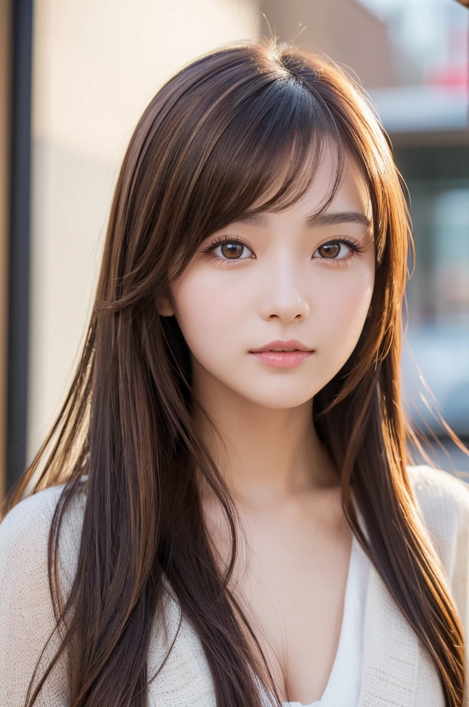 (High resolution:1.3), (16k, Photorealistic, Raw photo, Best image quality: 1.4), Japanese, (One Girl), Beautiful Face, (A vivid face), (Brown hair、Long Hair:1.3、straight:1.3), (Brown Eyes 1.3), Beautiful Hairstyles, Realistic eyes, Beautifully detailed eyes, (Realistic Skin), Beautiful skins, attractive, 超A high resolution, Surreal, High detail, Golden Ratio, Highly detailed cute girl,(20-year-old)