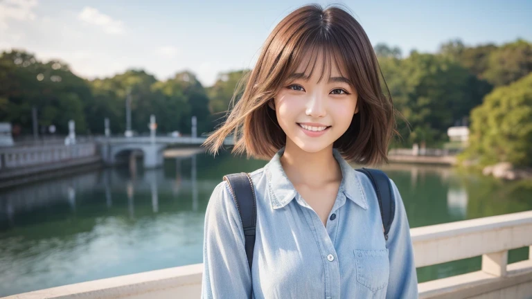 Produce the highest quality and highest resolution 8K images。The model is a 20-year-old Japanese woman.。The image depicts her posing and smiling for the camera.。She has brown eyes and a model figure.、She has an idol-level cute face.。Her hair is bob。Skin has a healthy color。Clothes、I'm wearing early summer clothes。Please imagine the situation of taking a commemorative photo while traveling alone.。