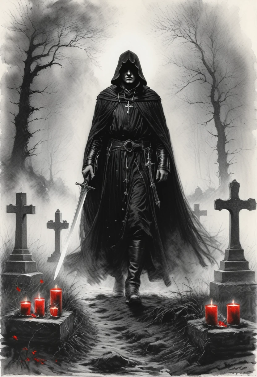 (masterpiece), (best quality), (ultra detail), Charcoal and chalk drawings. Sketch, (Hyperrealism), mj, RTX, 4k, HDR, Heaven's Messenger: 1.4, cross, Man in a cloak, holding a sword, a lantern, with a red aura emanating from him, surrounded by black candles, blood splattered throughout his smooth, exquisite details, in 8k resolution (best quality, 8k, high definition, super detailed), with a magical touch (magical power), hauntingly dark (dark atmosphere) and an aura of mystery. crow, skeleton, cemetery, gravestone, fear, This picturesque scene radiates calm and peace, evoking a feeling of unity with nature and a sense of the grandeur of the world around us. She invites the viewer to immerse themselves in the contemplation of beauty and think about the eternal truths of existence, in the style of Anders Zorn, Alexi Brilo, Luis Royo