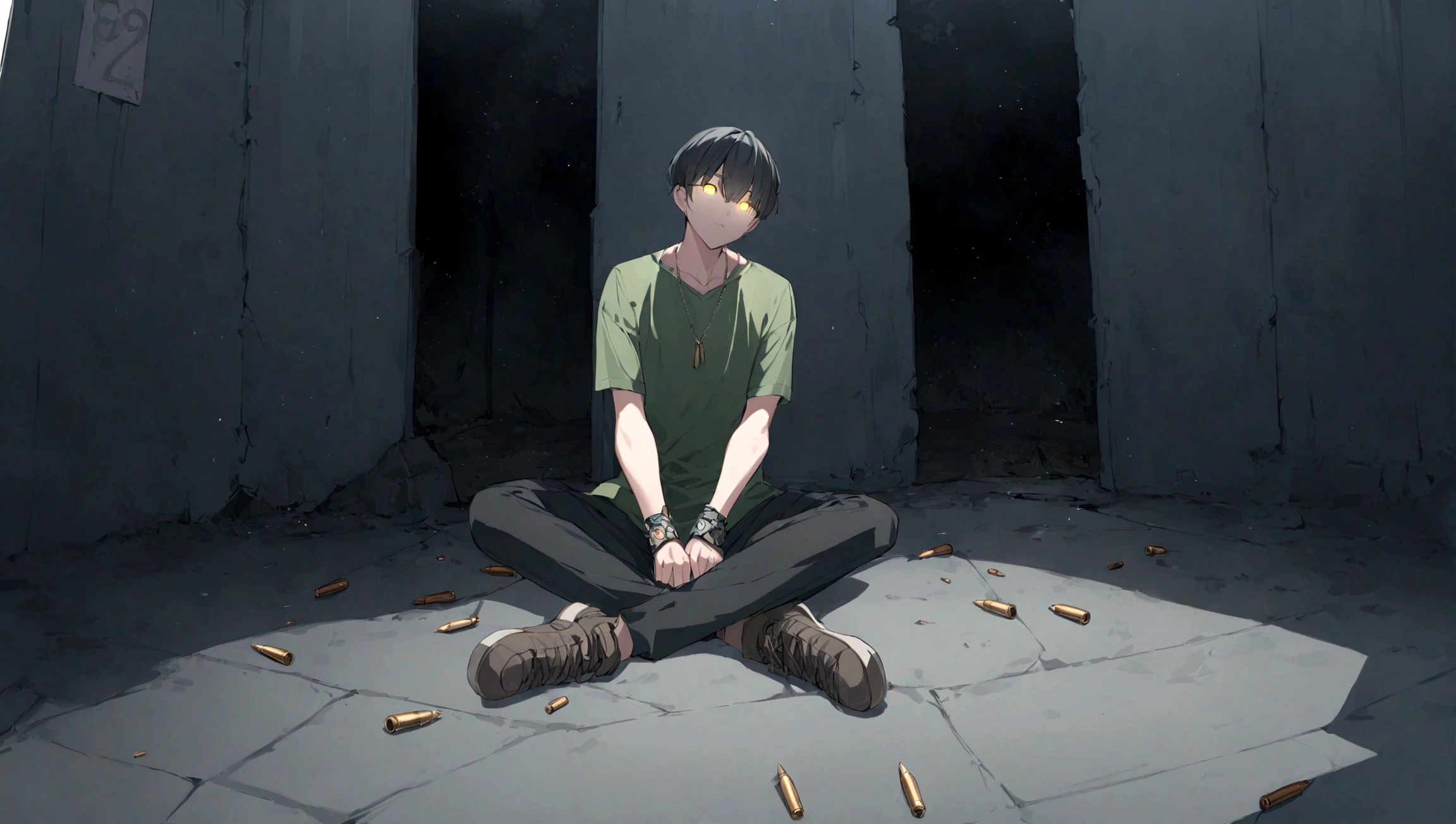 score_9,score_8_up,score_7_up, 1 boy, sitting on the ground, a bullet necklace, glowing eyes