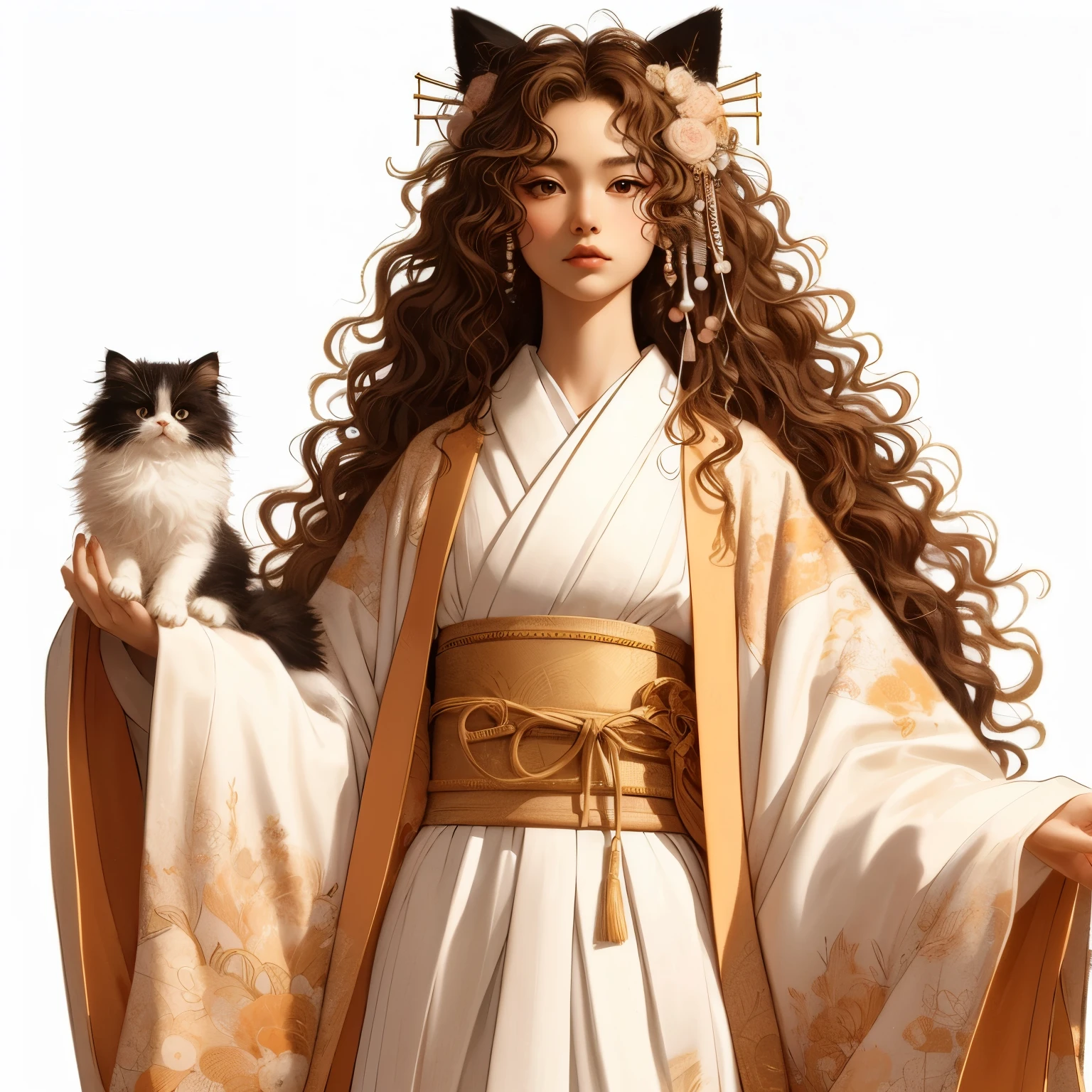 Tall Japanese girl curly hair in all white kimono, with hints of peach, black cat ears, small black and white cat, full body shot, white background, 8k resolution, in the style of da vinci,golden kimono