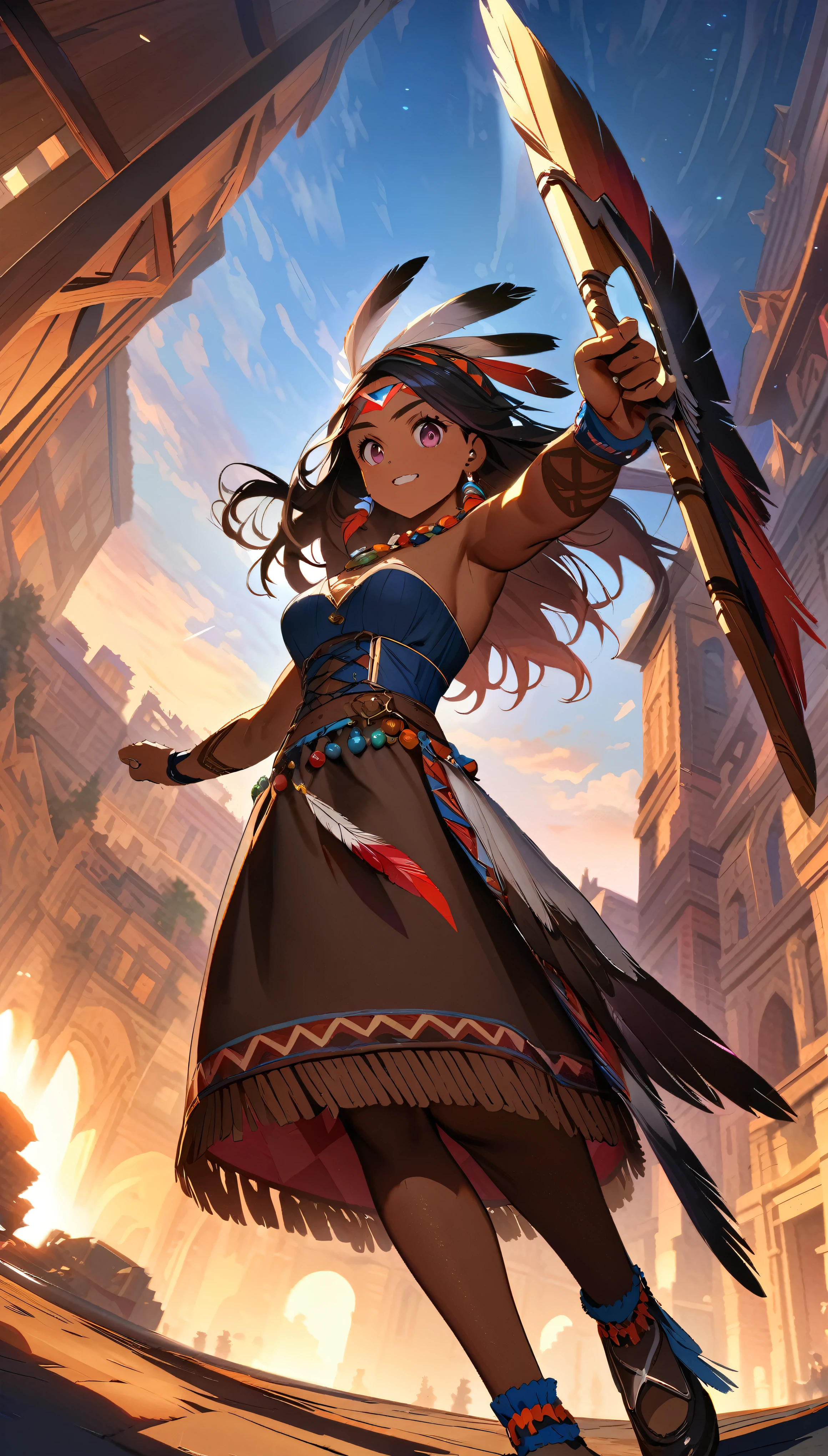 Native American female warrior\(cute,beautiful,age of 18,(muscular:1.3),(holding 1tomahawk:1.2),dark skin,dark floating hair,dark shiny eyes,big eyes,face with strong will,leather dress\(fringe, glass beads\),indian cape\(fringe, glass beads\), war bonnets\(Native American feather crown\),shiny dark fresh skin,breast,necklace\(lots of fangs),indian moccasins,glass bead earrings,full body\), BREAK ,background(outside,American wilderness,western era,(1hawk in the sky:1.3),),Dynamic action poses, dynamic angles, BREAK ,quality\(8k,wallpaper of extremely detailed CG unit, ​masterpiece,hight resolution,top-quality,top-quality real texture skin,hyper realisitic,increase the resolution,RAW photos,best qualtiy,highly detailed,the wallpaper,cinematic lighting,ray trace,golden ratio\)[nsfw:2.0],looking at viewer,long shot, wide shot