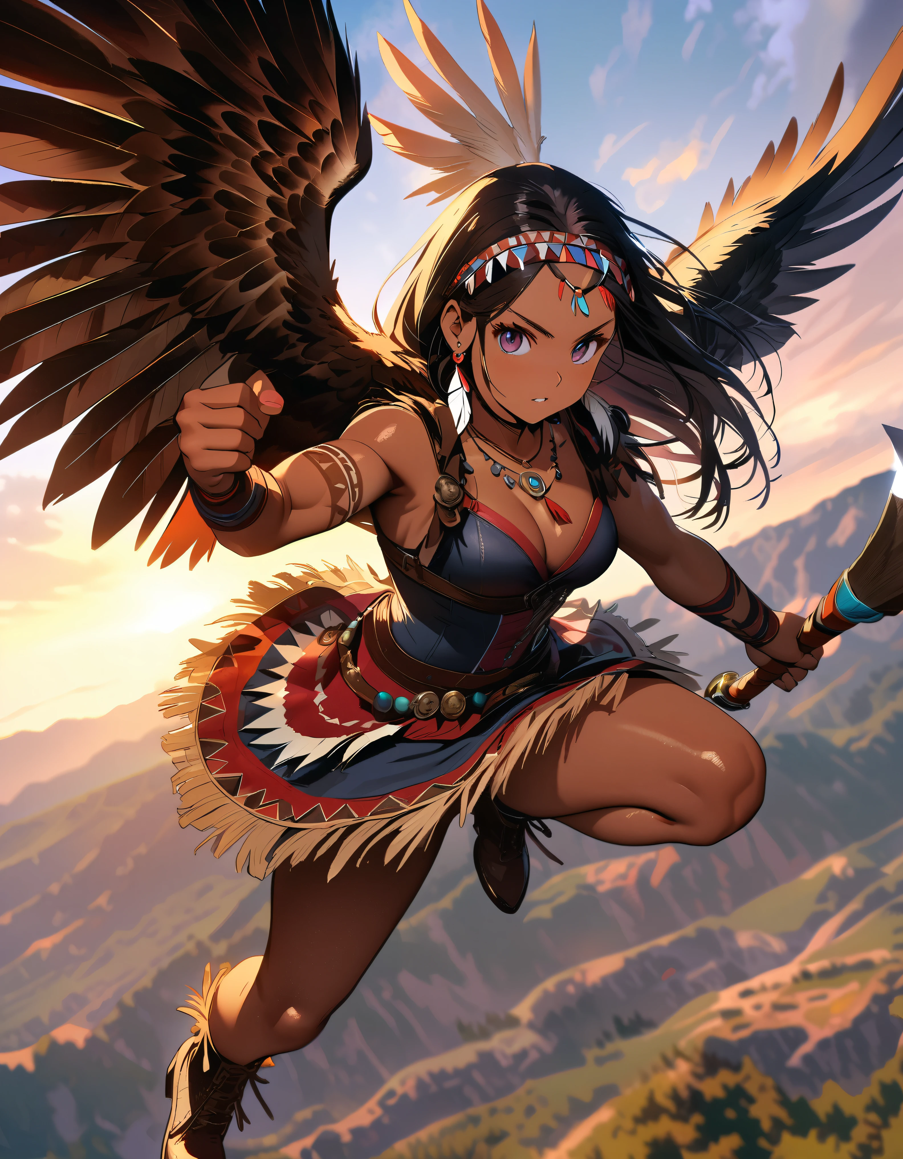 Native American female warrior\(cute,beautiful,age of 18,(muscular:1.3),(holding 1tomahawk:1.2),dark skin,dark floating hair,dark shiny eyes,big eyes,face with strong will,leather dress\(fringe, glass beads\),indian cape\(fringe, glass beads\), war bonnets\(Native American feather crown\),shiny dark fresh skin,breast,necklace\(lots of fangs),indian moccasins,glass bead earrings,full body\), BREAK ,background(outside,American wilderness,western era,(1hawk flying:1.3),),Dynamic action poses, dynamic angles, BREAK ,quality\(8k,wallpaper of extremely detailed CG unit, ​masterpiece,hight resolution,top-quality,top-quality real texture skin,hyper realisitic,increase the resolution,RAW photos,best qualtiy,highly detailed,the wallpaper,cinematic lighting,ray trace,golden ratio\)[nsfw:2.0],looking at viewer,long shot, wide shot