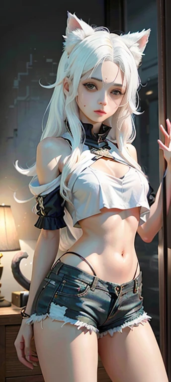 Ultra detailed complex 3D rendering of  mulher, ((cabelo longo))), ((com rosto fofo)), mulher com orelhas de gato, usando um shorts curto e preto, shorts de couro, shorts extremamente colado no corpo, de costas, roupa colada, cabelo branco, perfect proposals, peito medio  sorrir, boca fechada. malicia no olhar, olhos pretos, bunda grande, peito medio, corpo magro, cintura fina, mulher de 20 anos, Olhos castanho, cabelo longo, expressao fofa, 150mm, Beautiful soft studio light, Anel luminoso, detalhes vibrantes, renda, hiper-realista, anatomic, facial muscles, fundo bonito, octane rendering, Estilo HR Giger, 8k, melhor qualidade, obra prima, illustration, extremamente delicado e bonito, extremamente detalhado, CG, unidade, papel de parede, (realista, fotorrealista | |: 1,37), Awesome, finamente detalhe, obra prima, melhor qualidade, Arte Oficial, papel de parede 8k de unidade CG extremamente detalhado, Absurdo, incrivelmente Absurdo, (((Shorts))),(((White hair))), high-waist shorts, (((Cat Ear))), (((Long Hair))), cat_ears, cat_ears_hood, cat_ears_cap