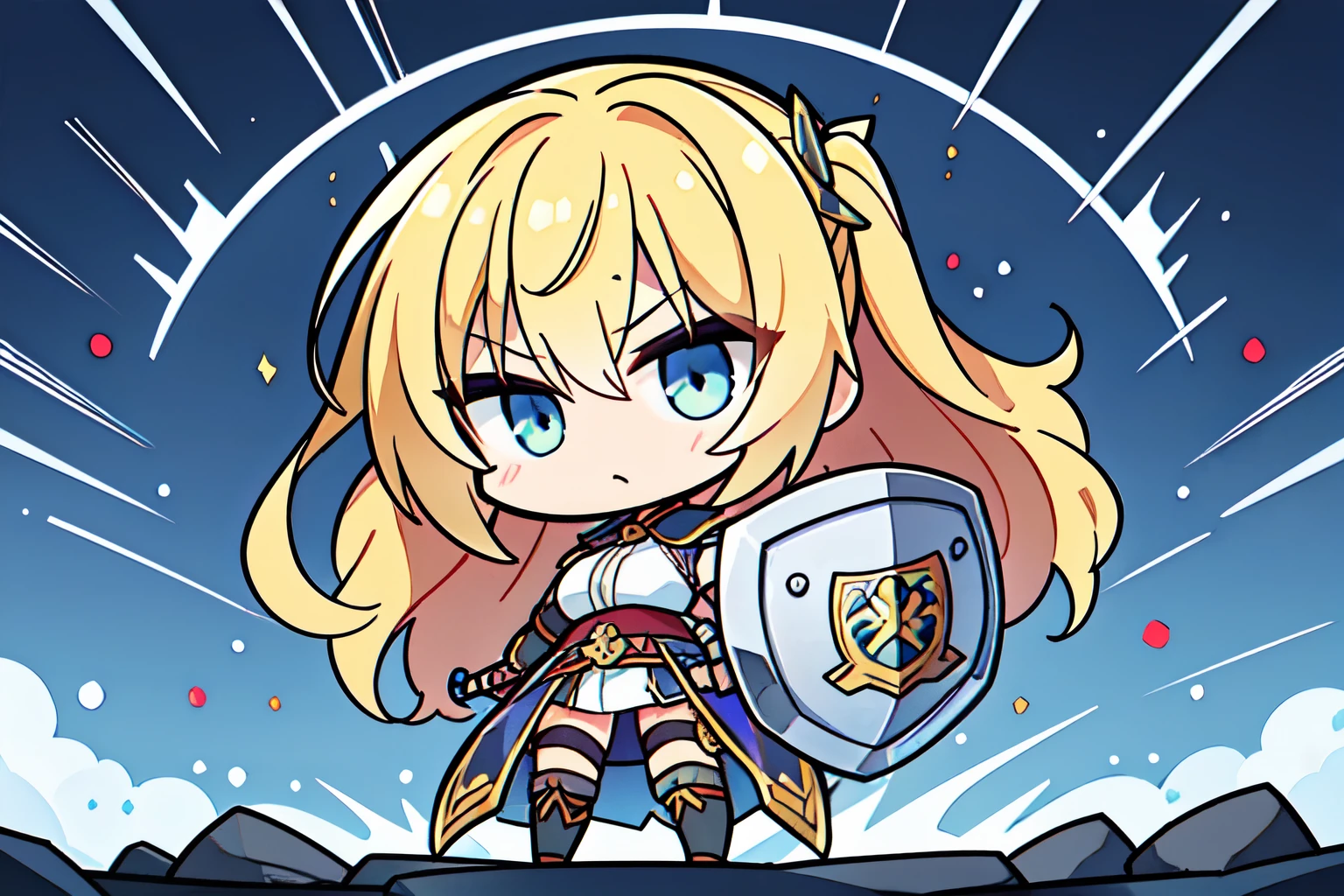 (chibi), 騎士風の女Warrior, Blonde, Powerful, armor, sword, (shield), brave, middle ages, battlefield, Warrior, Preparing for battle, steel, courage, glory, Solemn, Dignity, victory, hero, middle agesのbattlefieldに立つ女Warriorを描いてください。彼女は重厚なarmorを身にまとい、大きなswordとshieldを手にしています。彼女の表情はbraveで、I can feel the determination to fight.。In the background, a fierce battle scene unfolds.、She is at the center of it all.々Standing there。光が彼女のarmorに反射して輝きを放ち、彼女の力強さとgloryを強調します。