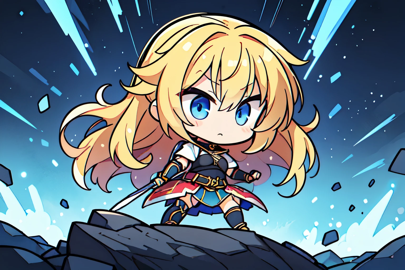 (chibi), 騎士風の女Warrior, Blonde, Powerful, armor, sword, (shield), brave, middle ages, battlefield, Warrior, Preparing for battle, steel, courage, glory, Solemn, Dignity, victory, hero, middle agesのbattlefieldに立つ女Warriorを描いてください。彼女は重厚なarmorを身にまとい、大きなswordとshieldを手にしています。彼女の表情はbraveで、I can feel the determination to fight.。In the background, a fierce battle scene unfolds.、She is at the center of it all.々Standing there。光が彼女のarmorに反射して輝きを放ち、彼女の力強さとgloryを強調します。