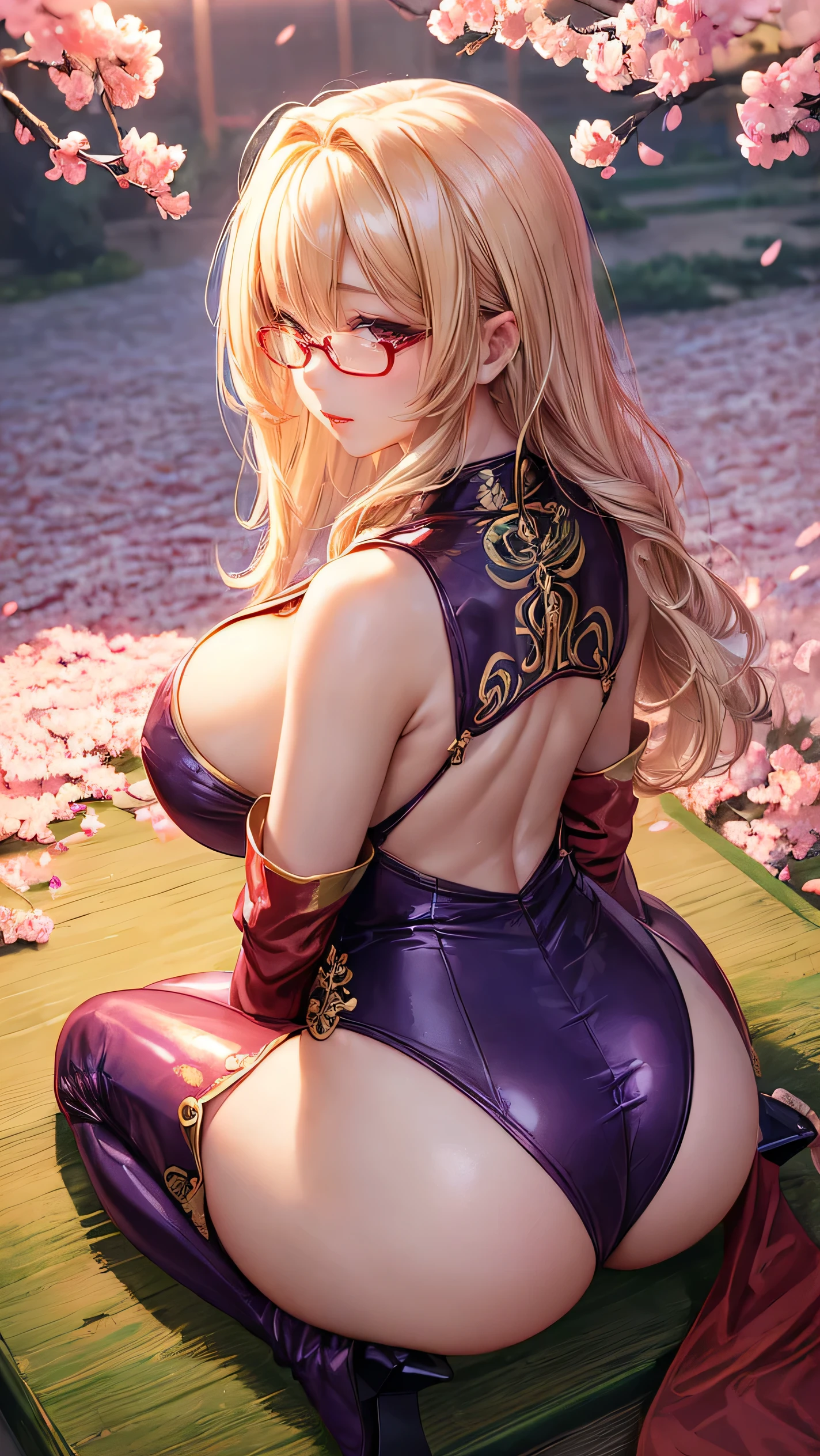 Chinese idol girl Mature Woman Blonde wavy hair with bangs (Bright red rouge lips) Super big boobs Chubby Plump Super big butt Wet ass ((Rimless glasses)) Big eyes SakuraFubuki ((Gorgeous super shiny purple long cheongsam)) ((Knee-high boots)) garter belt 8K Photorealistic ((Cherry tree in full bloom)) (A large amount of falling cherry blossom petals) ((Sunrise at dawn)) ((Sit with your back to the camera)) ((Back view of a person sitting upright)) ((Turn around and make eye contact))