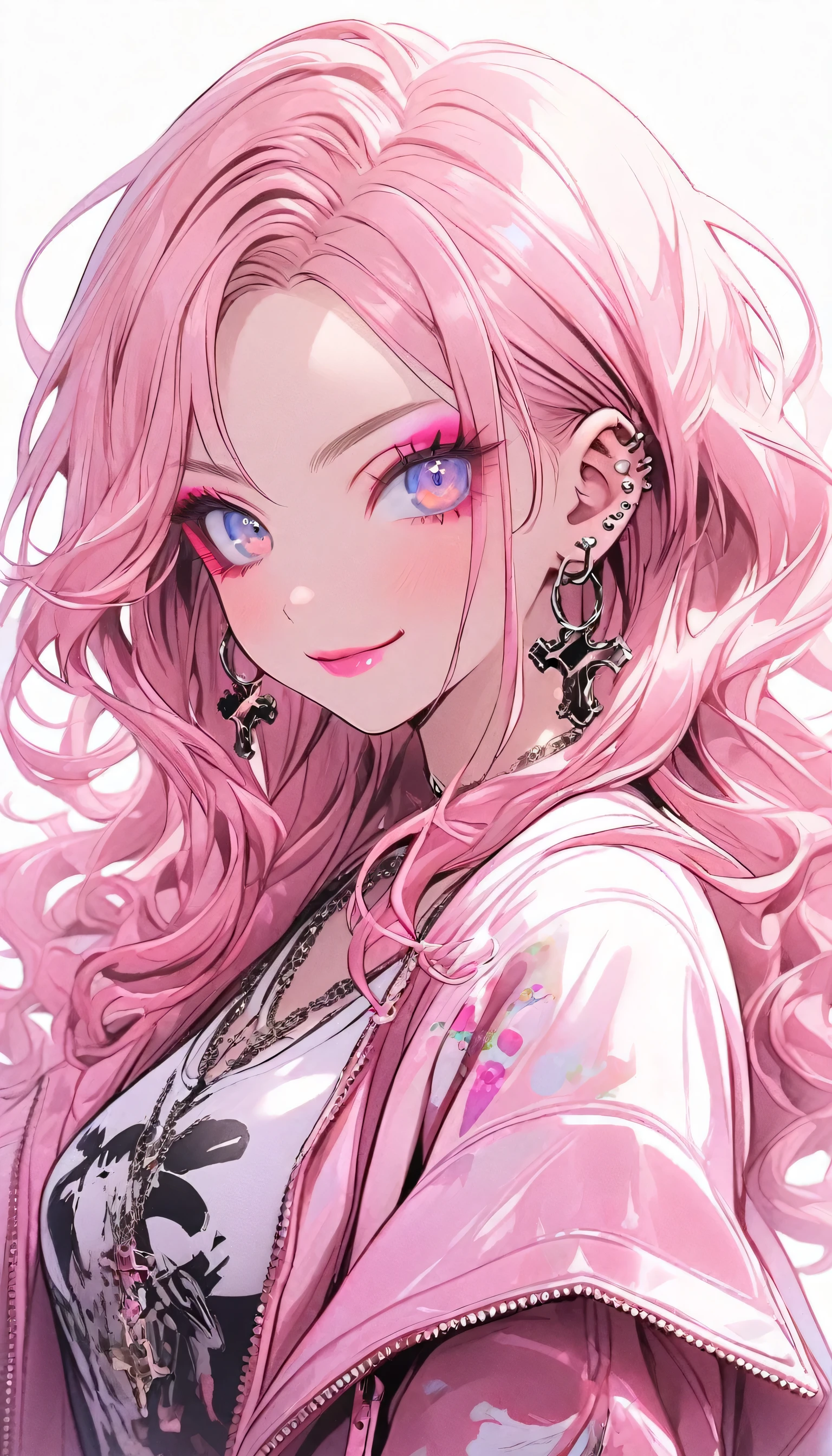Niji Style, 1girl, kawaii, smile, long hair, looking at viewer, blue eyeackground, white background, jewelry, closed mouth, jacket, upper body, pink hair, earrings, pink eyes, necklace, from front, sweater, lips, eyelashes, makeup, wavy hair, piercing, cross, lipstick, ear piercing, eyeshadow, hoop earrings, pink lips, multicolored eyes, pink theme, pink eyeshadow,