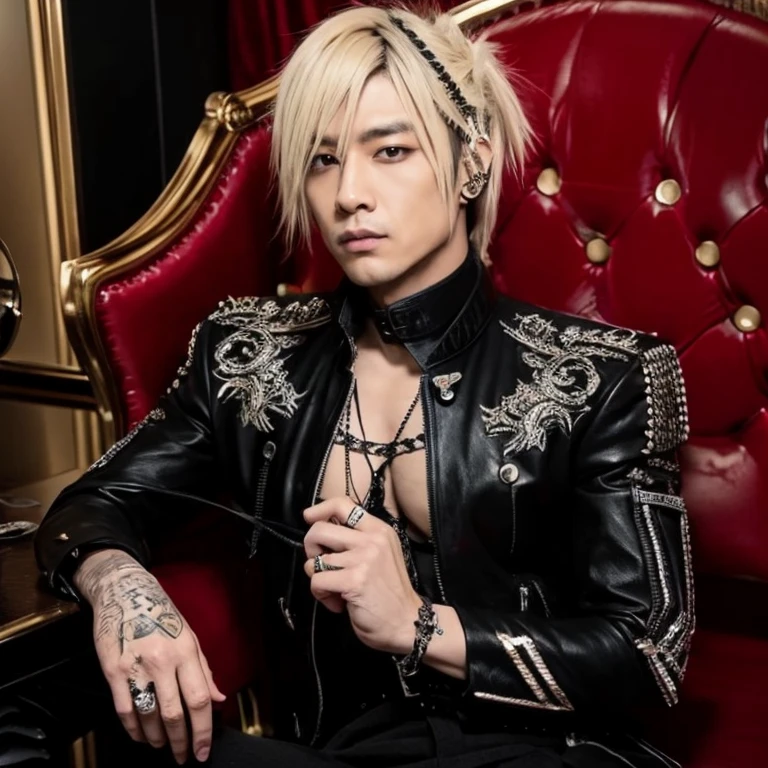 1 japanese male rocker, asien eyes, Visual Kai hairstyle, ultra detailed face, body and eyes, hyperrealistic, realistic representation, muscular, broad shoulders, tattoos gothic style, Visual Kei style, 30 years old, age 30, outfit gothic streampunk, men's shirt and black pants, rocker outfit, black and blond hair, full body 