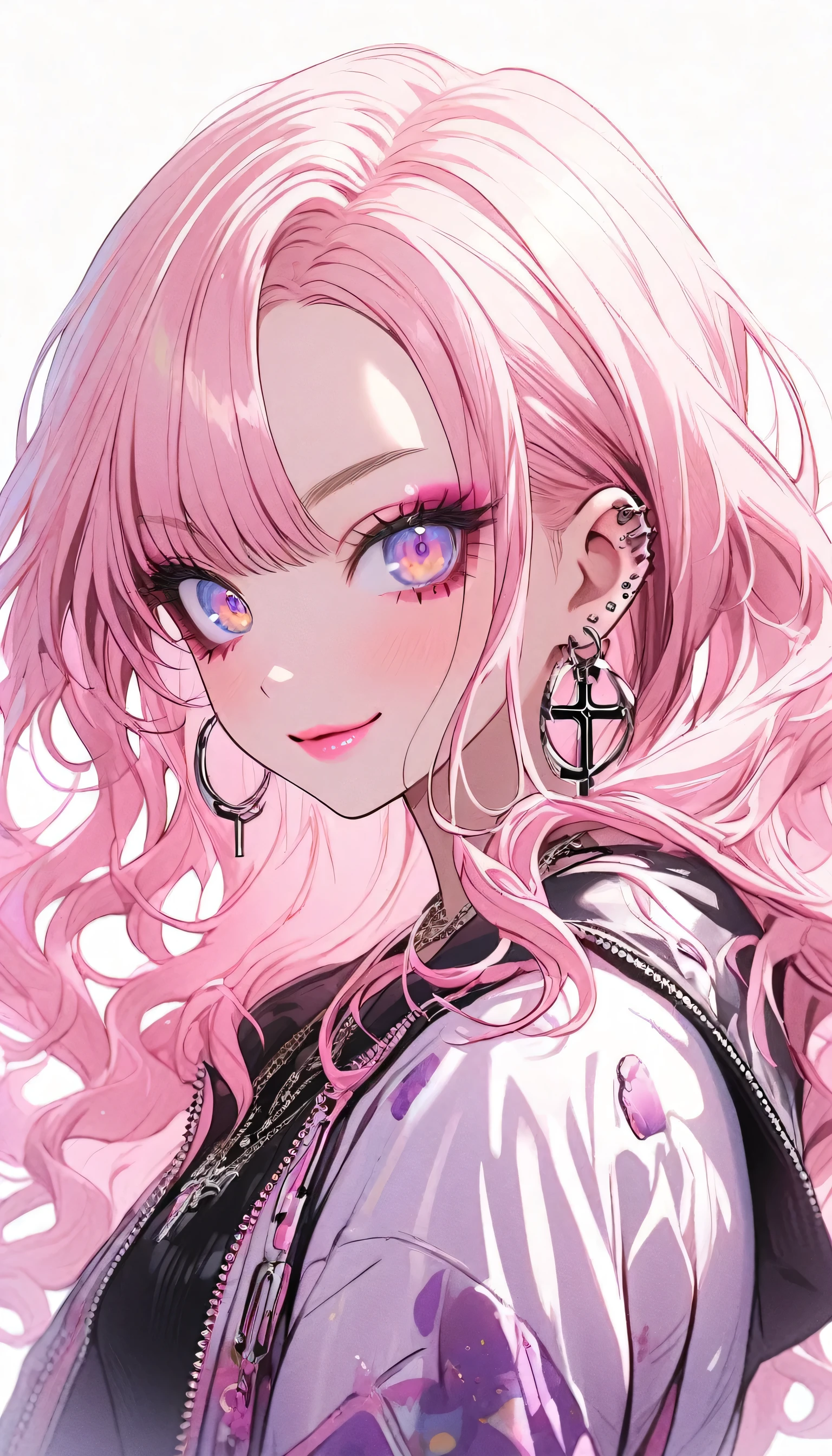 Niji Style, 1girl, kawaii, smile, long hair, looking at viewer, blue eyeackground, white background, jewelry, closed mouth, jacket, upper body, pink hair, earrings, pink eyes, necklace, from front, sweater, lips, eyelashes, makeup, wavy hair, piercing, cross, lipstick, ear piercing, eyeshadow, hoop earrings, pink lips, multicolored eyes, pink theme, pink eyeshadow,
