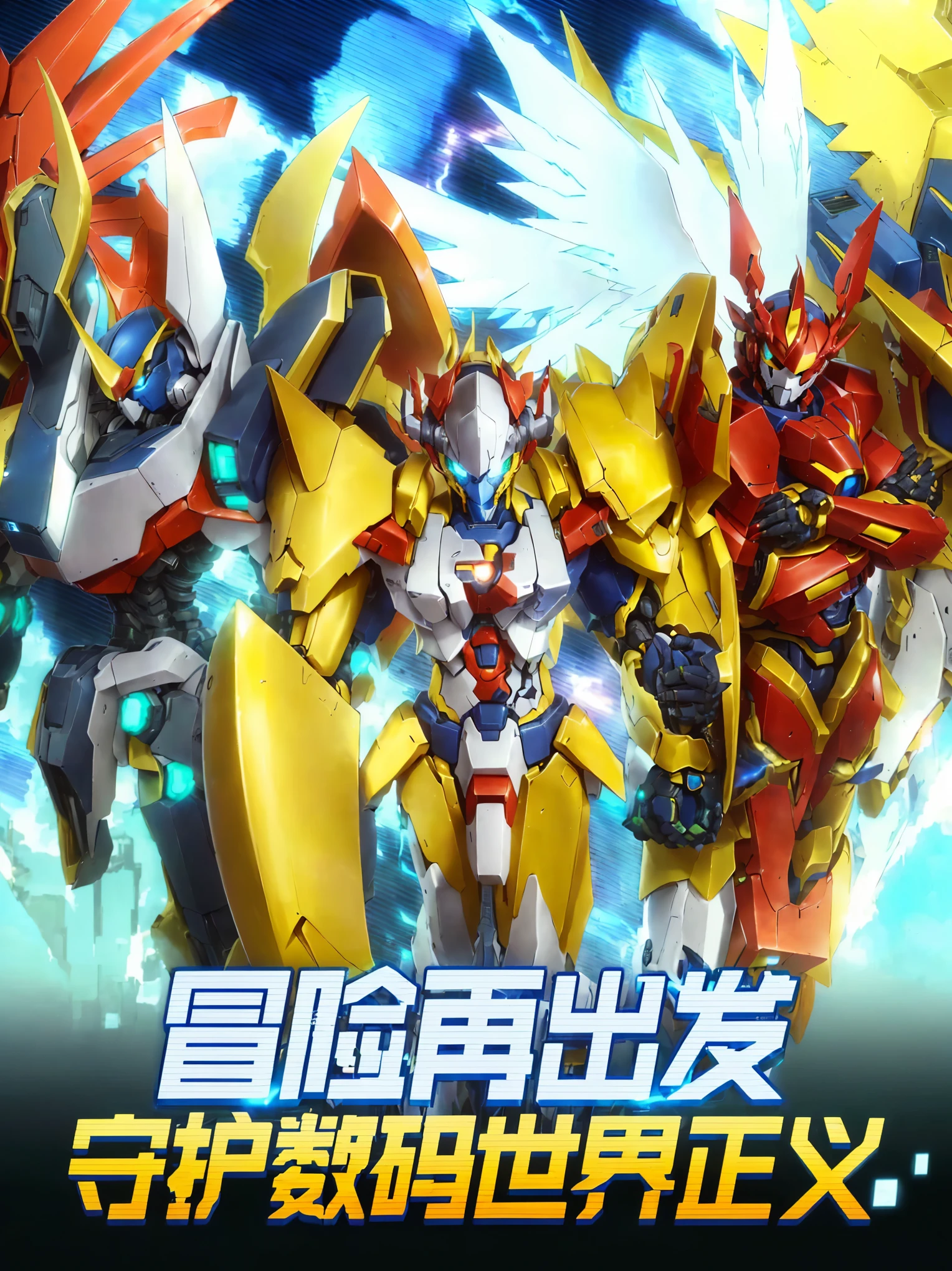 a close up of a group of anime characters standing in front of a building, super robot wars, mobile suit, digimon anime key art, digimon key art, cool mecha style, super robot, mecha wings, mecha anime, ( ( god king of ai art ) ), tremendous mecha robot, barbatos mobile suit, modern mecha anime