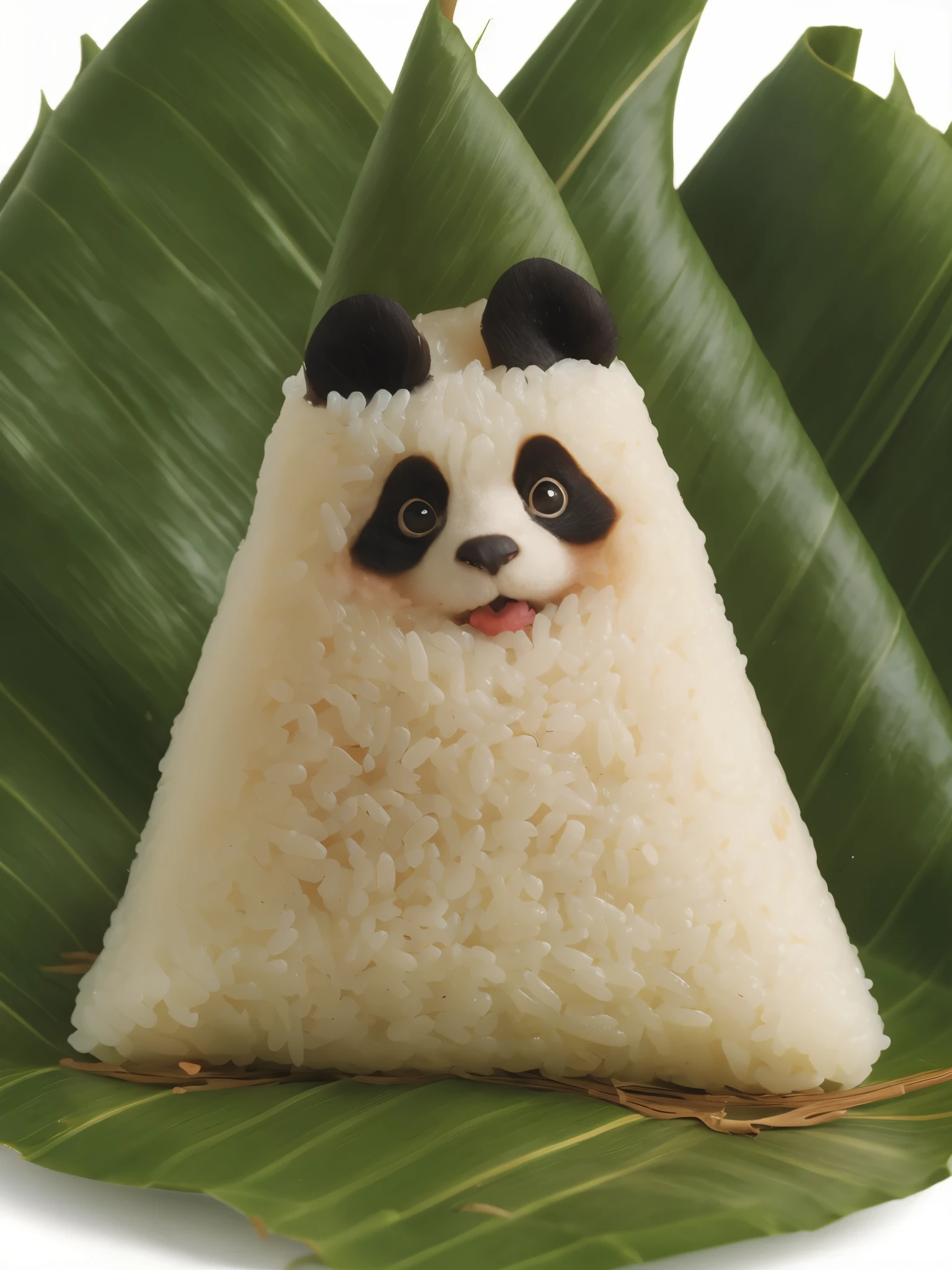 A panda-shaped zongzi, made of glutinous rice, has a cute expression, the lower half of the body is wrapped in tapered leaves, the head sticking out of the leaves, equidistant, cartoon-style, Macro Lens, studio light, nature, soft lighting, film grain, cowboy shot, epiCPhoto