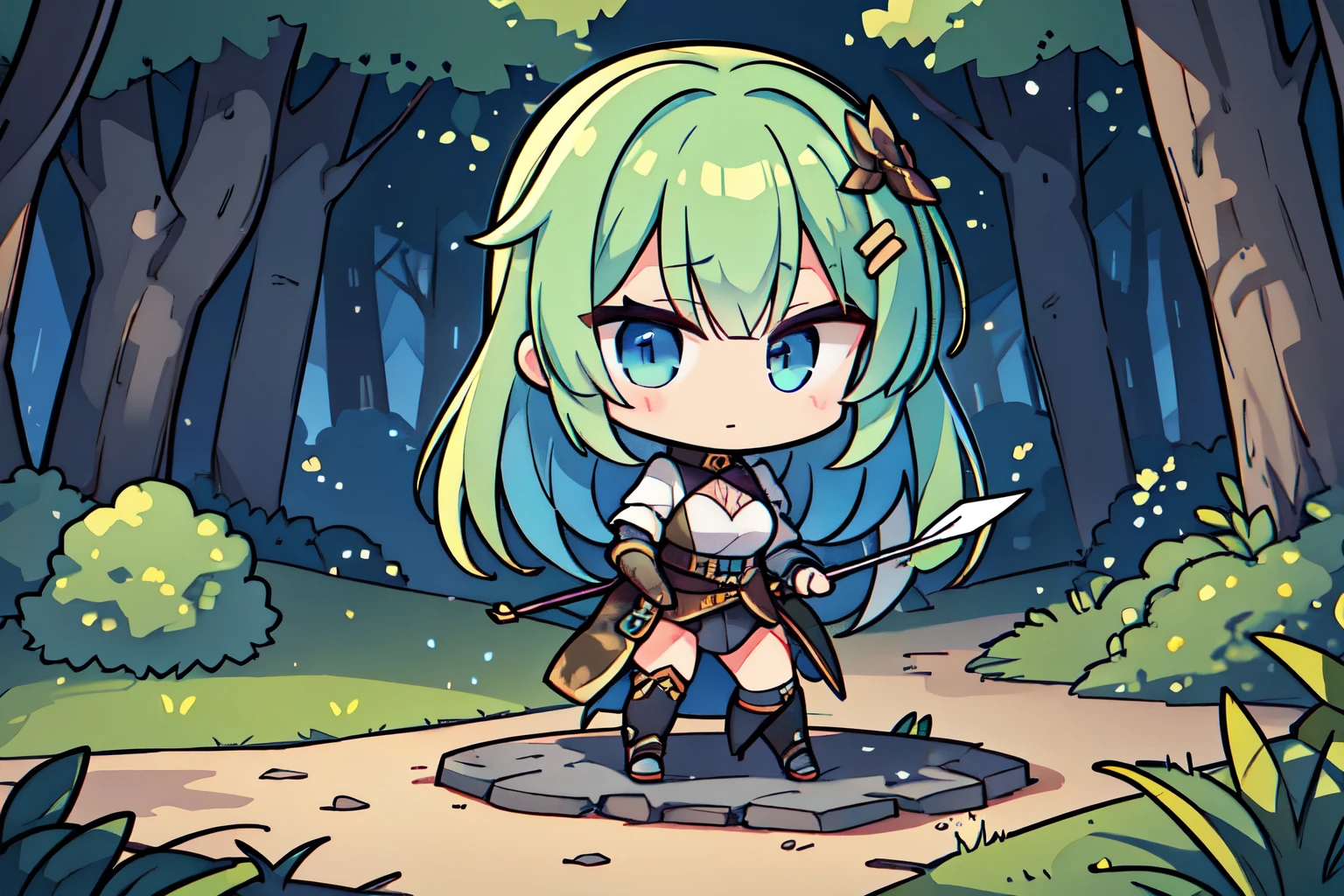 (chibi), Forest Warrior, Bow and Arrow, Leather Armor, stealth, nature, hunting, Junmin, forest, camouflage, wild, agile, Shadow, beast of prey,
深い森の中でBow and Arrowを持つ女戦士を描いてください。彼女はLeather Armorを着ており、natureに溶け込むcamouflageをしています。彼女の姿勢はJunminで、With sharp eyes, he looks around。Lush trees in the background々A dark forest landscape spreads before me.、She is quietly hiding there。彼女のポーズや表情からはwildの力強さと鋭さが感じられます。