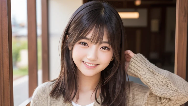 Produce the highest quality and highest resolution 8K images。The model is a 20-year-old Japanese woman.。The image depicts her posing and smiling for the camera.。She has brown eyes and a model figure.、She has an idol-level cute face.。Her hair is bob。Skin has a healthy color。Clothes、I'm wearing early summer clothes。Please imagine the situation of taking a commemorative photo while traveling alone.。