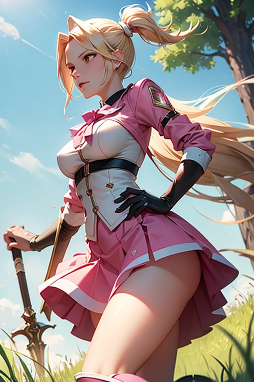 pink mercy from overwatch, wearing skirt and boots, crushing the grass, viewed from below