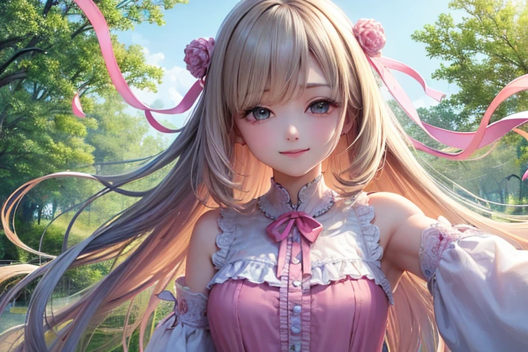 1 Female,Top quality masterpiece, Highest quality and official artistic standards, Featuring beautiful and visually stunning girls:1.3. This piece is very ingenious, rich in color, Exquisitely crafted down to the last detail,Short hair that reaches the shoulders, Droopy eyes,Hair blowing in the wind,Wavy Hair,Bright pink clothes,White blouse,薄いPink ribbon活気に満ちた, Vibrant, Prayer Pose,pray,meditation,A unique visual experience. Optical blending technology brings playful patterns、Add depth to your artwork。, Enhances overall texture and color richness,beautiful乙女, Cute Smile, alone,One girl, beautiful ,elegant, Pink color matching,Prayer Poseをする女性,smile,にっこりとsmile,close eyes,Half Shot,Western-style blouse,Beauty,1 Female,Delicate and high resolution,Precise,praying,Bright view,Powder of light flutters,Flare,慈like,mercy,like,happiness,Divine,Fluffy clothes,Lustrous skin,Clear skin,White skin,Thin eyebrows,Bright brown hair,rainbow,Silky Hair,Shiny and delicate hair,Like reality,Young,young,pastel colour,Dream world,Pink ribbon,Top view,Wide-open eyes,Cheerful girl,Long sleeve blouse,Lolita,Kind Face,Stell-colored hair,Dreamland,noon,Light of the sun,Divine Light,Pink ribbon,Flower Field,Flower Hair Ornaments,noon間,Blonde Hair,garden,Soft atmosphere