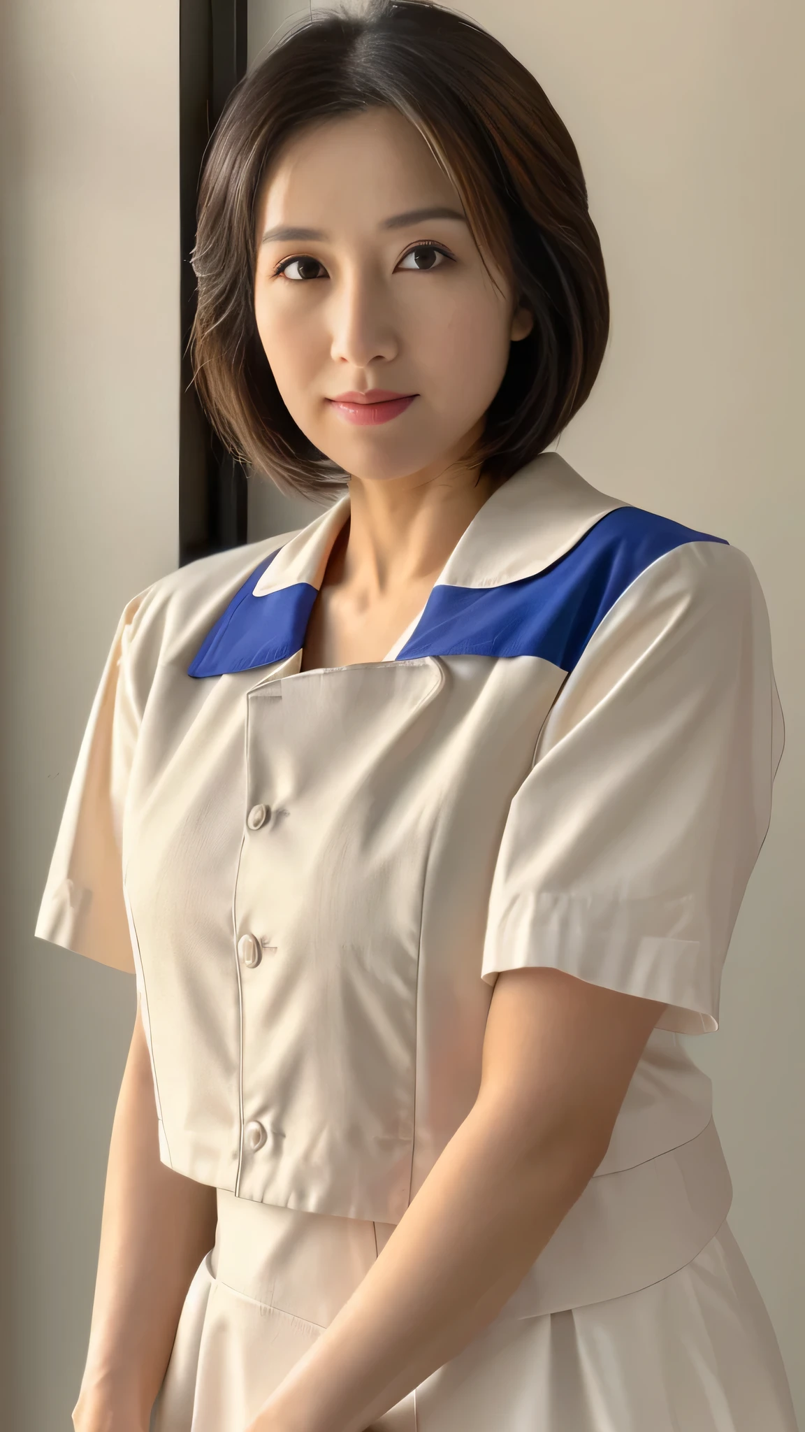 (8k, best quality, masterpiece, golden ratio composition,:1.3), (beautiful Japanese mature woman in her 30s), (wearing white Nurse's uniform:1.3), (huge breasts), short cut hair