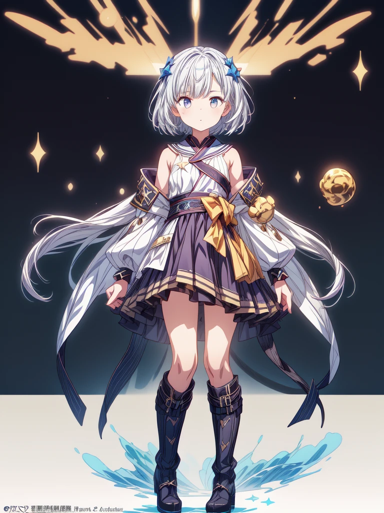 (((1girl)))、starの妖精、vtuber-fullbody、(((highest quality、Masterpiece、The best composition、Golden Ratio、Official Art、Super detailed、Super detailedな目)))、ultra detailed, from front, headshot、 blue and white hair color、Short bangs above eyebrows、Short Hair、Standing in front of the viewer、着物とゴスロリをリメイクしたMilky Way柄の洋服、The sleeves are long and the hands are hidden、Knee-high boots、Pure white simple background、star、Milky Way、universe、流star群、