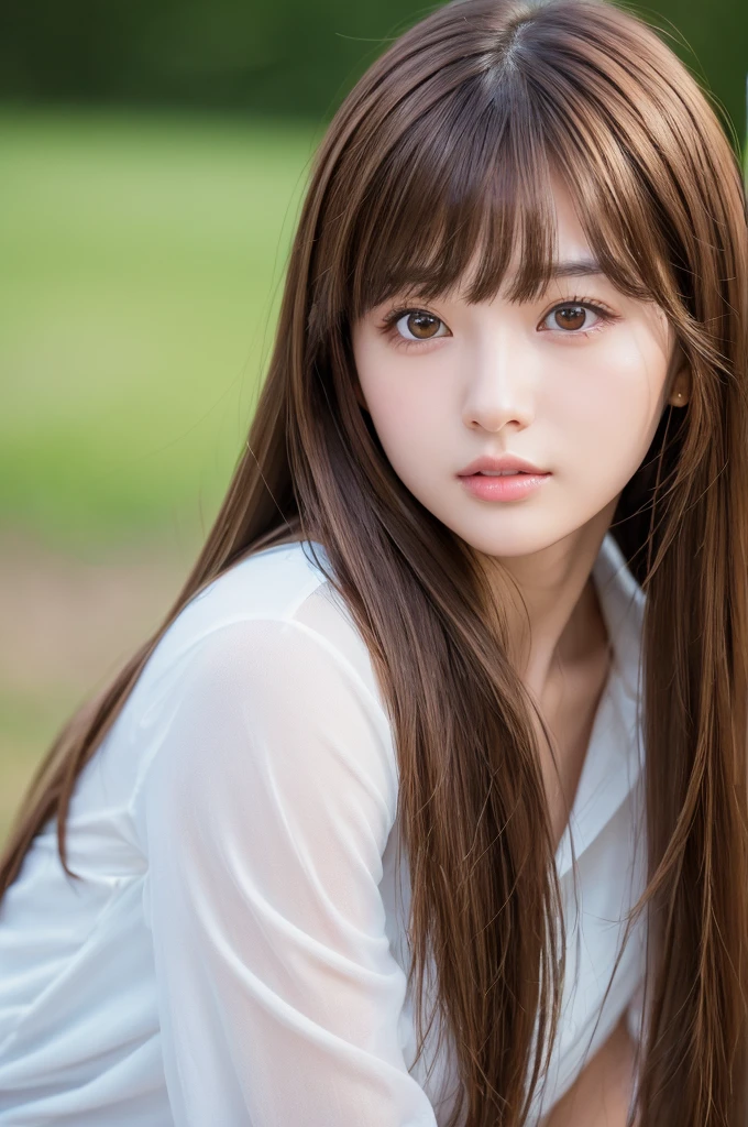 (High resolution:1.3), (16k, Photorealistic, Raw photo, Best image quality: 1.4), Japanese, (One Girl), Beautiful Face, (A vivid face), (Brown hair、Long Hair:1.3、bangs:1.5), (Brown Eyes 1.3), Beautiful Hairstyles, Realistic eyes, Beautifully detailed eyes, (Realistic Skin), Beautiful skins, attractive, 超A high resolution, Surreal, High detail, Golden Ratio, Highly detailed cute girl,(20-year-old)