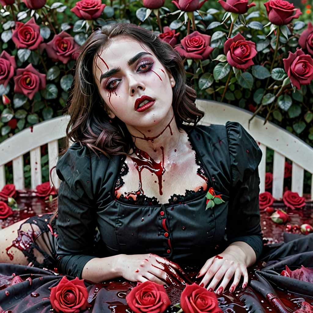 Relistic photography of a woman lying on a bed of blood with a rose garden in the background, Horrible background, horror!! Highly detailed, cursed images, still from animated horror movie, Gapmoe Yandere, Laying on roses, Detailed digital art, Her eyes bleed intensely