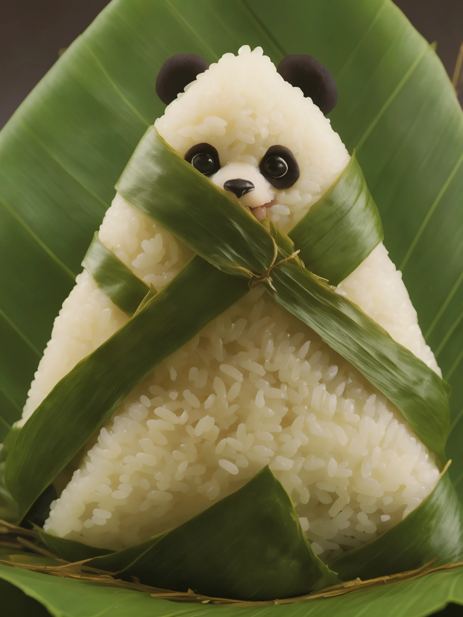 A panda-shaped zongzi, made of glutinous rice, has a cute expression, the lower half of the body is wrapped in tapered leaves, the head sticking out of the leaves, equidistant, cartoon-style, Macro Lens, studio light, nature, soft lighting, film grain, cowboy shot, epiCPhoto