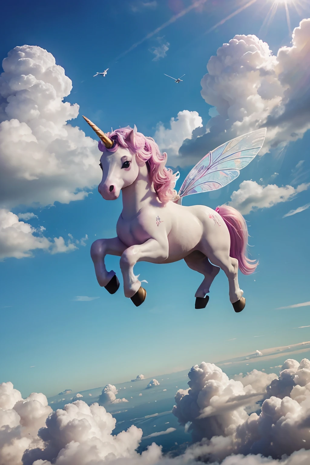 a fairy unicorn flying in marshmallow clouds.