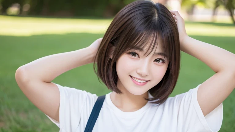 Produce the highest quality and highest resolution 8K images。The model is a 20-year-old Japanese woman.。The image depicts her posing and smiling for the camera.。She has brown eyes and a model figure.、She has an idol-level cute face.。Her hair is bob。Skin has a healthy color。Clothes、I'm wearing early summer clothes。Please imagine the situation of taking a commemorative photo while traveling alone.。