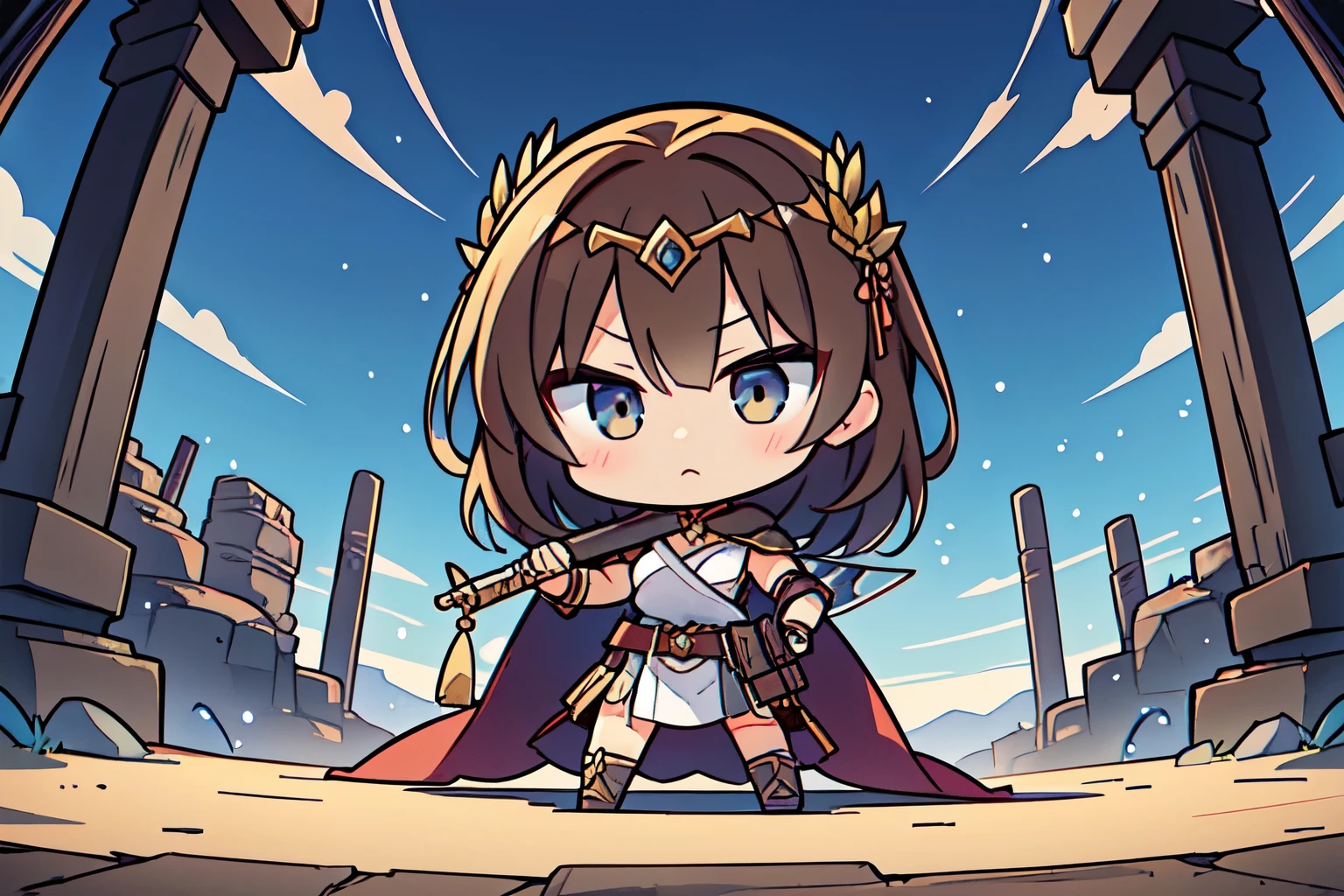 (chibi), Ancientの女戦士,
Brown Hair, (circlet), Robe, Amazon, shield, gun, Tribal, Tattoo, Brave, desert, Brave, Fight, Ancient, Warrior, strength,
Ancientのdesertで戦うAmazonの女戦士を描いてください。彼女はシンプルながらも機能的なTribalな衣装を身にまとい、gunとshieldを持っています。彼女の肌には戦士のTattooが刻まれ、彼女のstrengthとBraveさを表しています。背景には広大なdesertとAncientの遺跡が見え、She is preparing to face the enemy in it.。彼女の姿勢や表情からは決意と力strengthが感じられます。