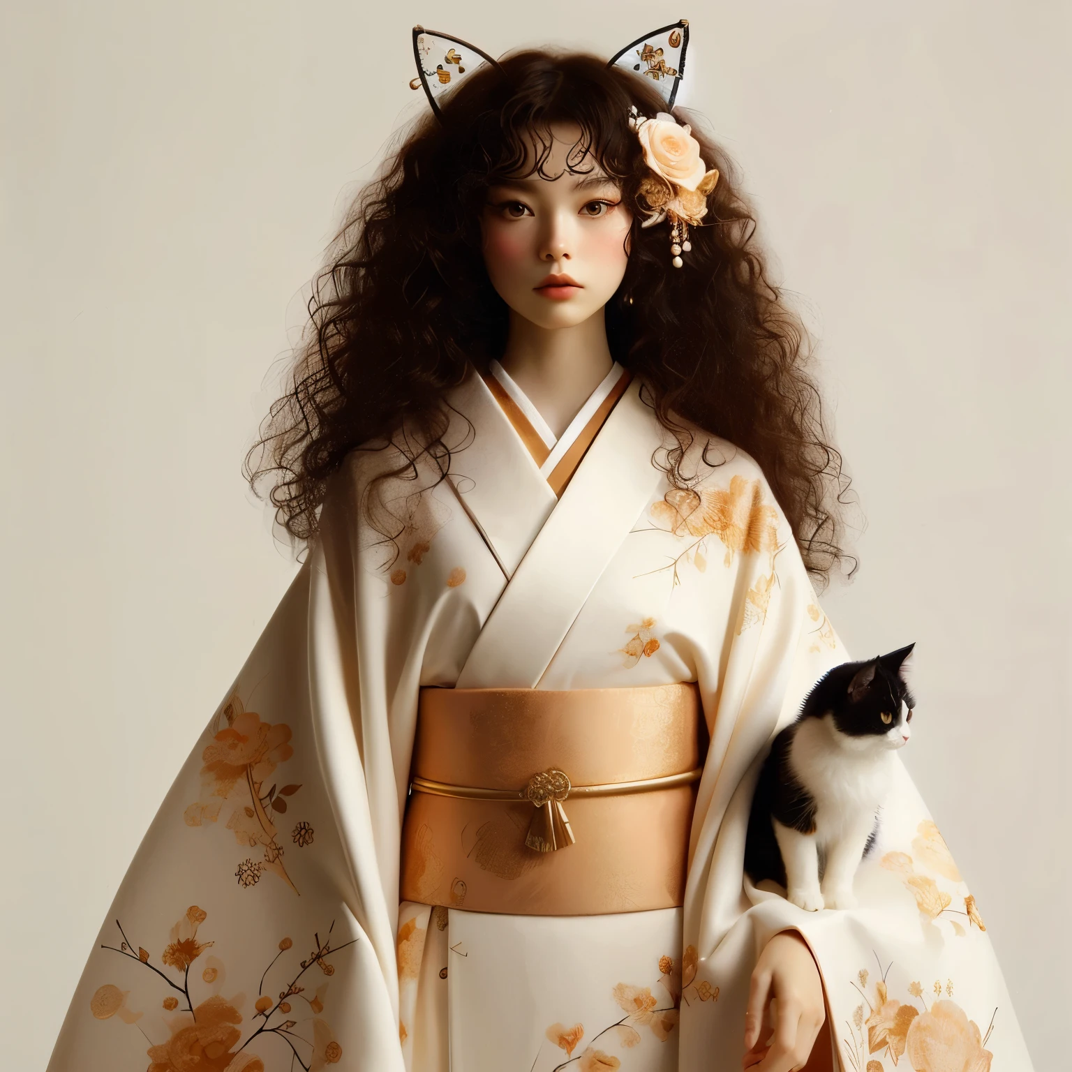 Tall Japanese girl curly hair in all white kimono, with hints of peach, black cat ears, small black and white cat, full body shot, white background, 8k resolution, in the style of da vinci,golden kimono