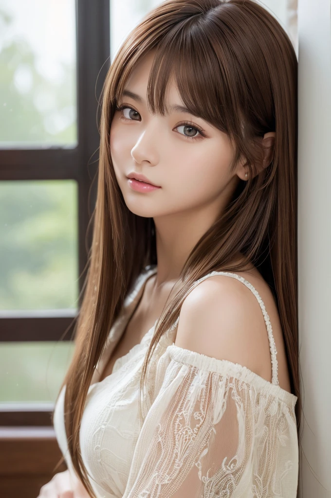 (High resolution:1.3), (16k, Photorealistic, Raw photo, Best image quality: 1.4), Japanese, (One Girl), Beautiful Face, (A vivid face), (Brown hair、Long Hair:1.3、Center Parting:1.5), (Brown Eyes 1.3), Beautiful Hairstyles, Realistic eyes, Beautifully detailed eyes, (Realistic Skin), Beautiful skins, attractive, 超A high resolution, Surreal, High detail, Golden Ratio, Highly detailed cute girl,(20-year-old)