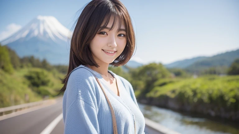 Produce the highest quality and highest resolution 8K images。The model is a 20-year-old Japanese woman.。The image depicts her posing and smiling for the camera.。She has brown eyes and a model figure.、She has an idol-level cute face.。Her hair is bob。Skin has a healthy color。Clothes、I'm wearing early summer clothes。Please imagine the situation of taking a commemorative photo while traveling alone.。