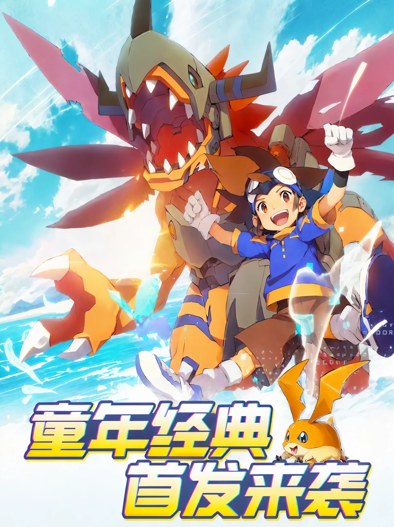 pokemon the movie movie poster, digimon anime key art, digimon key art, digimon, key art, isekai, official art, official anime key media, popular isekai anime, official artwork, official screenshot, anime cover, glamorous angewoman digimon, anime poster, giga, with robot dragon head, minions digimon, promotional art, trailer, official anime media, ehime