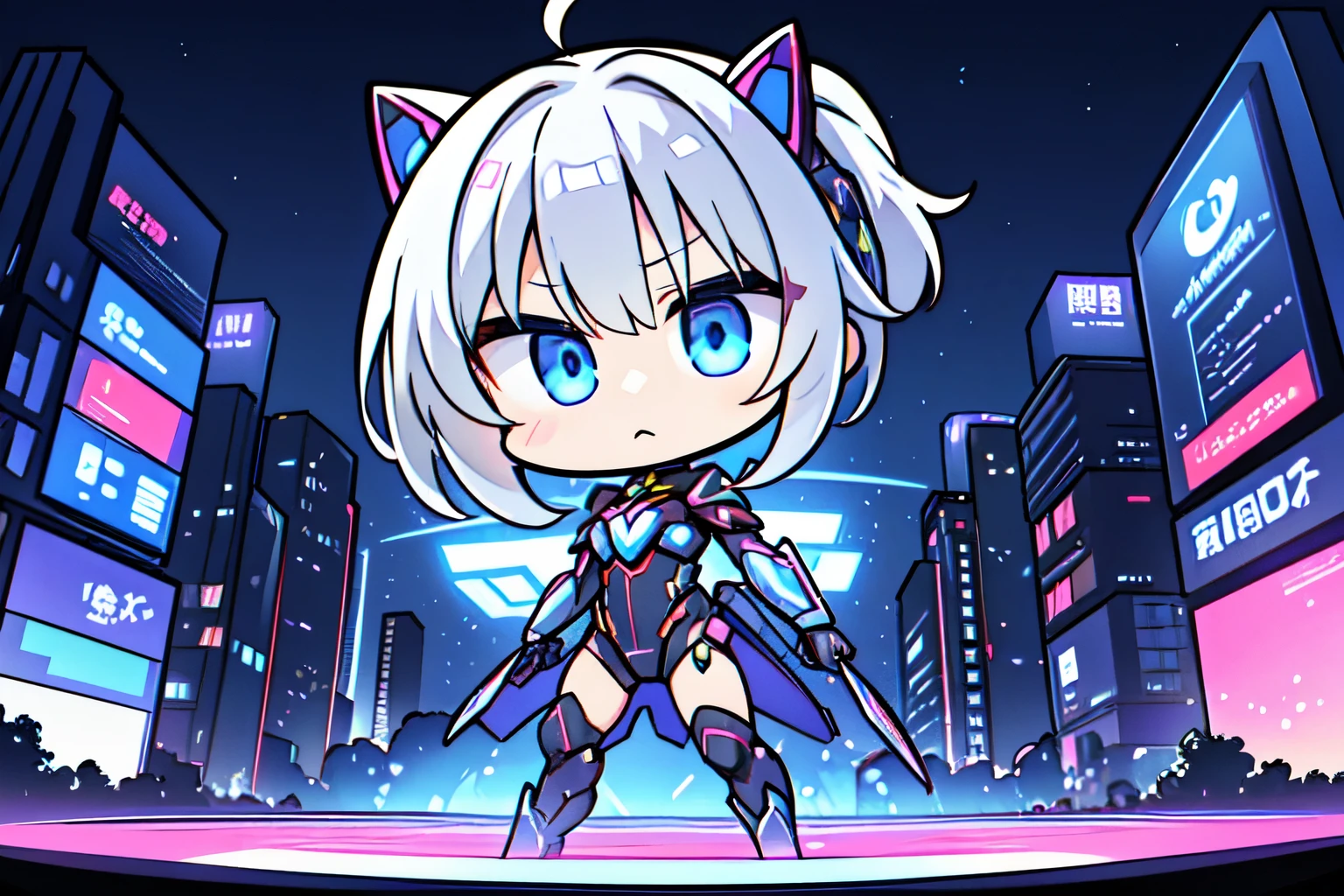 (chibi), Future Warrior, cyber-パンク, high tech, Energy Weapons, Body Armor, hologram, Mecha, cyber-, City, dark, neon, Battle Suit, cool,
未来のCityでhigh tech装備を身に着けた女戦士を描いてください。彼女はcyber-パンク風のBattle Suitを着ており、Energy Weaponsを手にしています。彼女のアーマーは光るhologramやMechaニカルな装飾で覆われており、背景にはneonが輝くCityの夜景が広がっています。彼女の表情はcoolで、I can feel the calm preparation for battle.。