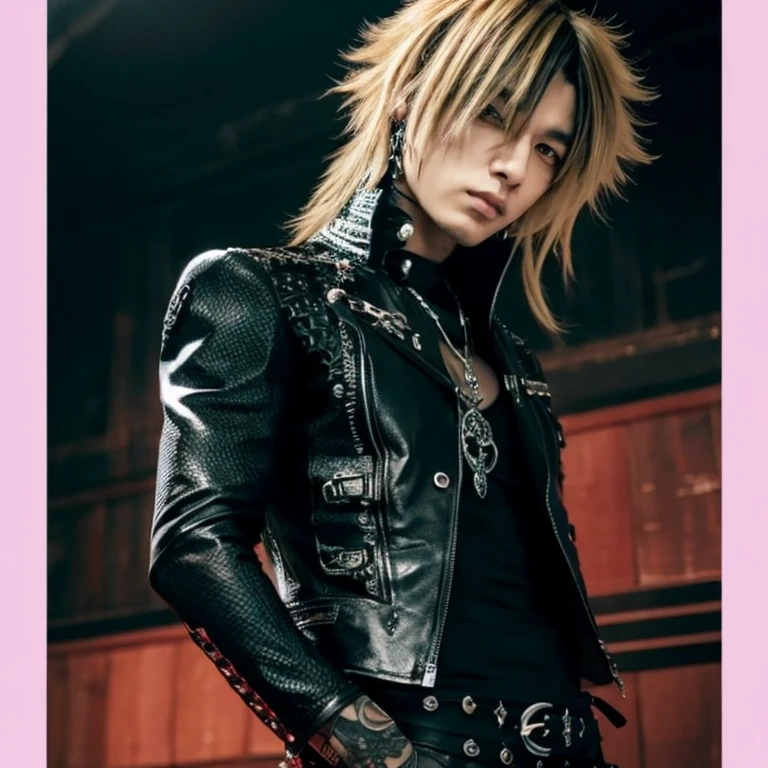 1 japanese male rocker, asien eyes, Visual Kai hairstyle, ultra detailed face, body and eyes, hyperrealistic, realistic representation, muscular, broad shoulders, tattoos gothic style, Visual Kei style, 30 years old, age 30, outfit gothic streampunk, men's shirt and black pants, rocker outfit, black and blond hair, full body