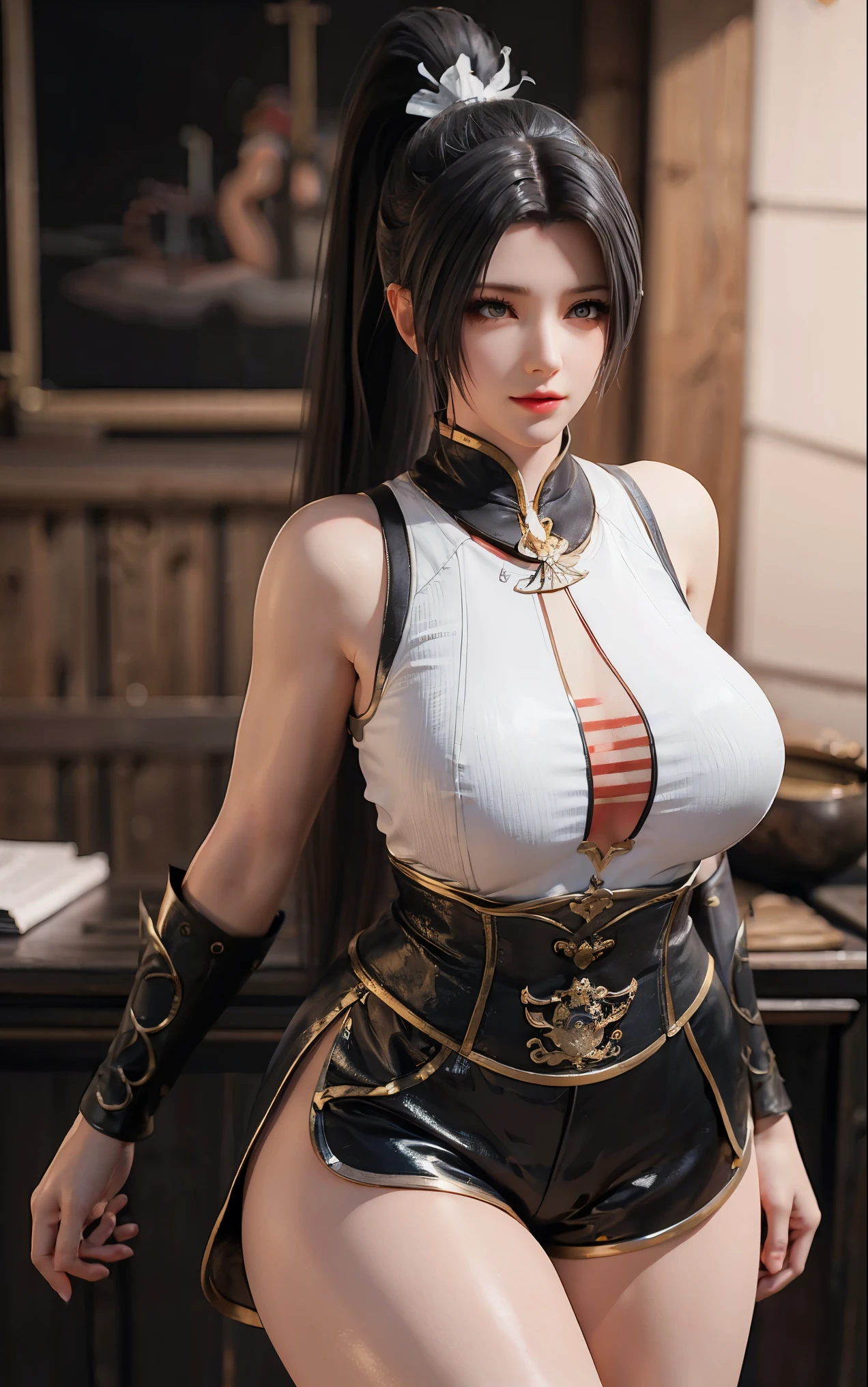 Cartoon character with sword and text on dark background, Blade and Soul, from ncsoft, Startup Screen art, PC games with UI, Startup Screen, Amazing splash screen art, game critical art, Loading Screen, Loading Screen, Loading Screen”, Character ink art, Wang Chen, critical art, yasuke 5 0 0 px Model,Close-up of miss wearing white mask, Beautiful character painting, guweiz, Gurwitz-style artwork, White-haired god, author:Yang Jie, Epic and beautiful character art, Stunning character art, author:Fan Qi, by Wuzhun Shifan, pixiv Art Street Guviz, Single ponytail, insult, High Ponytail, Tall and big, Long legs, (sleeveless lace shirt), (shorts), (Striped )), ((Striped )), Walk, elegant, dignified, miss, Beautiful curves, sweet smile, Strong sense of detail and layering, Rich and colorful color, Has a unique texture, rich and colorful, color, vivid, Design Art, 16K, Super detailed, {{illustration}}, {Extremely refined}, {Exquisite surface treatment}, Super detailed, Delicate and shining eyes, {{Light}}, Ultimate light effect, Model: realism, CFG size: 12, Laura: Bright texture (1.35), high quality, masterpiece, Exquisite facial features, Delicate hair depiction, Detailed depiction of the eyes, masterpiece, best quality, Light line tracing, Extremely detailed CG unified 8k wallpaper, masterpiece, best quality, (1 girl), Perfect Miss Body, (((tight white t shirt))), (Delicate face), short black hair, Tie your hair up, Light blue hairpin, (White skin), (Optimal Lighting), (Super intricate details), 4k unity, (Super detailed CG), Showing off her white legs, , Hot Pants, shorts,