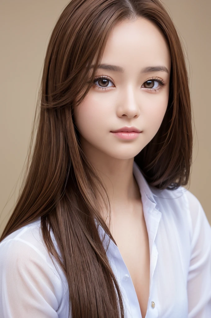 (High resolution:1.3), (16k, Photorealistic, Raw photo, Best image quality: 1.4), Japanese, (One Girl), Beautiful Face, (A vivid face), (Brown hair、Long Hair:1.3、Forehead:1.5), (Brown Eyes 1.3), Beautiful Hairstyles, Realistic eyes, Beautifully detailed eyes, (Realistic Skin), Beautiful skins, attractive, 超A high resolution, Surreal, High detail, Golden Ratio, Highly detailed cute girl,(20-year-old)