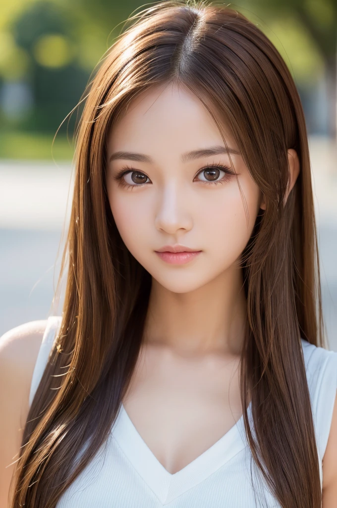 (High resolution:1.3), (16k, Photorealistic, Raw photo, Best image quality: 1.4), Japanese, (One Girl), Beautiful Face, (A vivid face), (Brown hair、Long Hair:1.3、Forehead:1.5), (Brown Eyes 1.3), Beautiful Hairstyles, Realistic eyes, Beautifully detailed eyes, (Realistic Skin), Beautiful skins, attractive, 超A high resolution, Surreal, High detail, Golden Ratio, Highly detailed cute girl,(20-year-old)