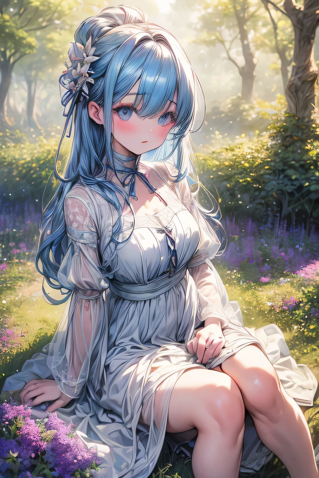 (best quality,4k,highres,masterpiece:1.2),ultra-detailed,realistic,hdr,anime,girl,blue hair,white dress,rem rezero,beautiful detailed eyes,beautiful detailed lips,sitting on the ground,wildflowers around her,sunlight filtering through the trees,peaceful atmosphere,vibrant colors,soft shadows,dreamy style