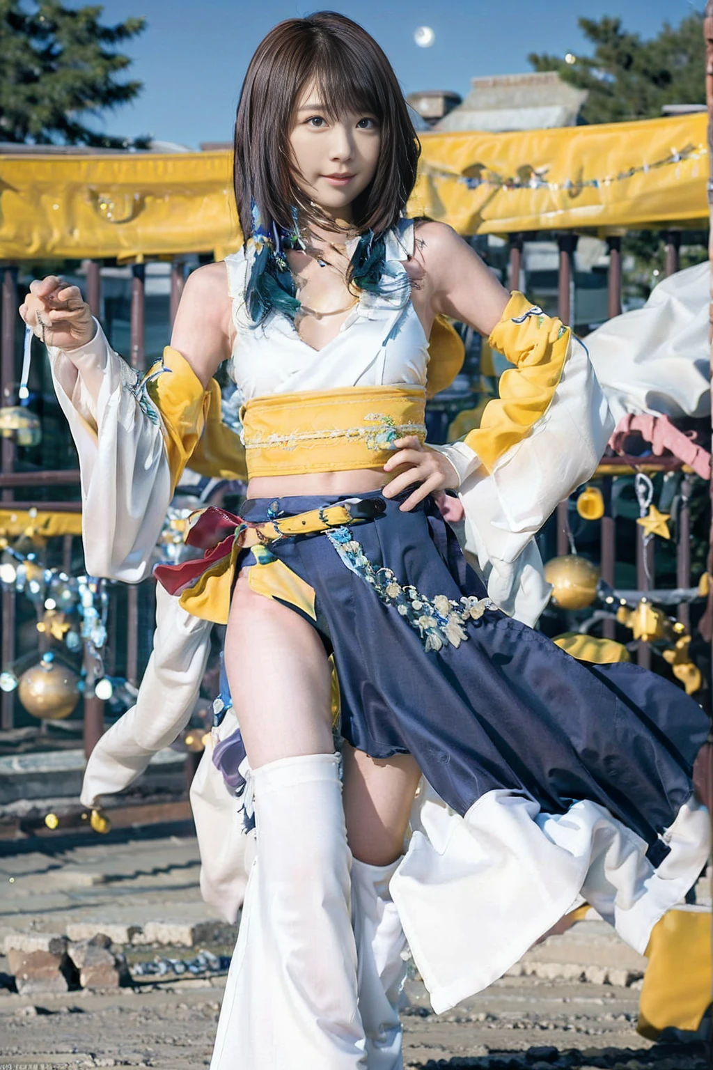 masterpiece、1 beautiful girl、Fine Eyes、smile、Puffy eyes、highest quality, 超High resolution, (reality: 1.4), 360-degree beautiful starry sky、Big Moon、Japanese、21 years old、so beautiful、desert、Beautiful Skin、Body facing forward、Cleavage、(超reality的な)、(High resolution)、(8k)、(Very detailed)、(美しくFine Eyes)、(Very detailed)、 Detailed face、Bright lighting、Professional Lighting、Looking at the audience、Look straight ahead、Diagonal bangs、Bright light Blue Hair、Nogizaka Idol、masterpiece, highest quality, Very detailed, shape, Long Hair, Blue Hair, Circlet, Red eyes,Small breasts, Yellow gloves, White Dress, belt, Cape, boots,mini skirt、Dance with open arms、
