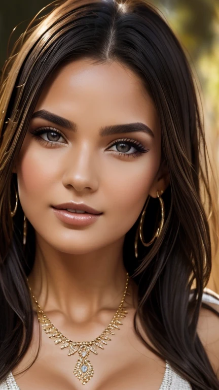 Very very very sexy girl, 1girl, solo, brunette hair, parted hair style, wearing long jumper, wearing necklace, jewellery, full body shot, body focus, Detailed skin, Detailed Face, Detailed Lips, Detailed Eyes, light make up, seductive smile, happy, textured skin, super detail lighting, summary background, summer atmosphere,