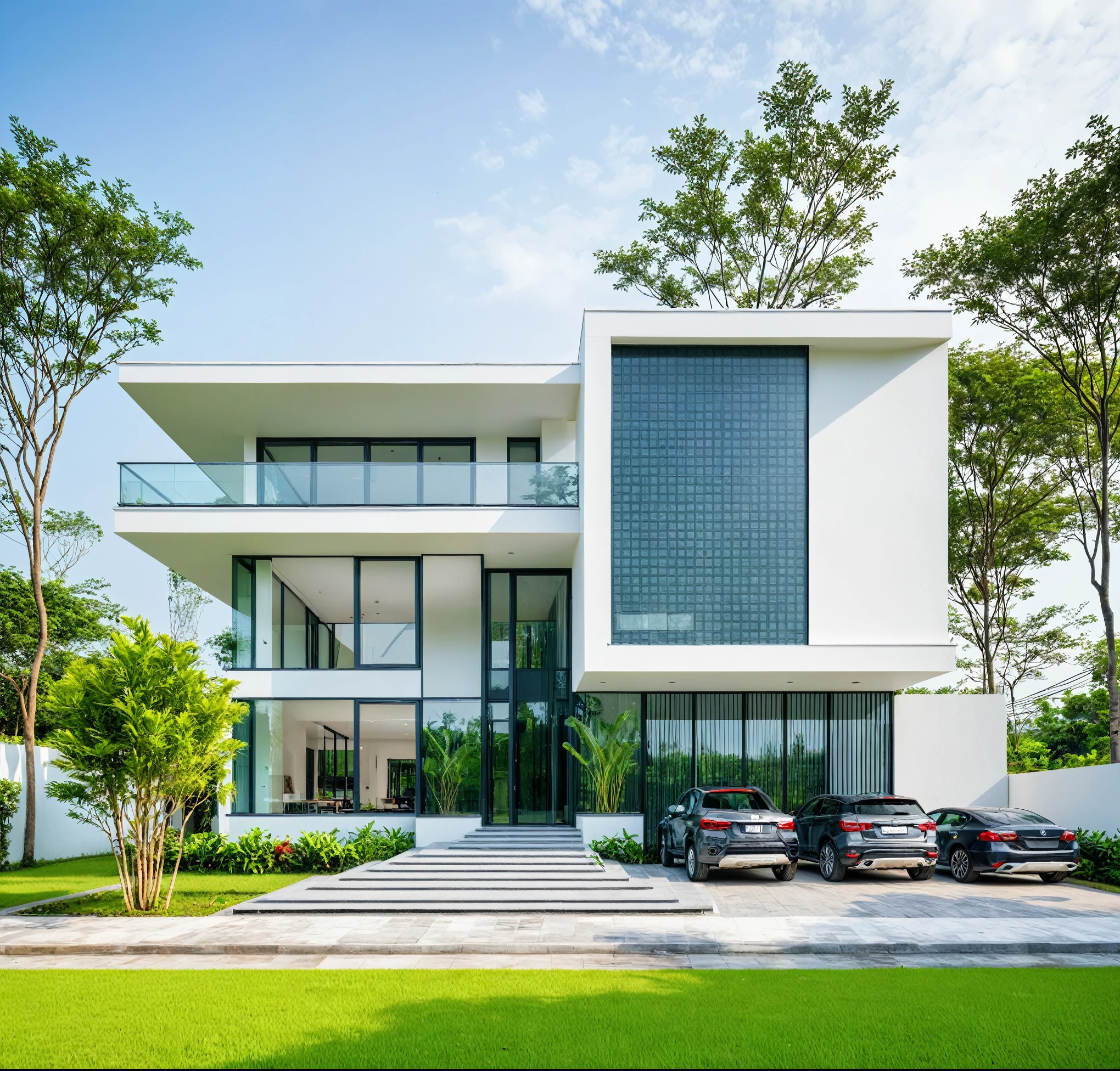 A modern minimalist style single-story villa with a flat roof, white walls and glass windows in Vietnam is surrounded by green lawns, ((road)), ((sidewalk)), ((sidewalk trees)), The overall architectural design features clean lines and simplicity, creating an elegant atmosphere. Use professional photography techniques to capture details and highlight the unique architecture of contemporary luxury houses in the style of minimalism